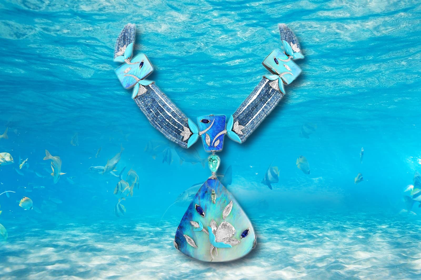 Boghossian Kissing Collection Coral Reef necklace with diamond and sapphire inlaid into opal, aquamarine beads and turquoise set in 18k white gold