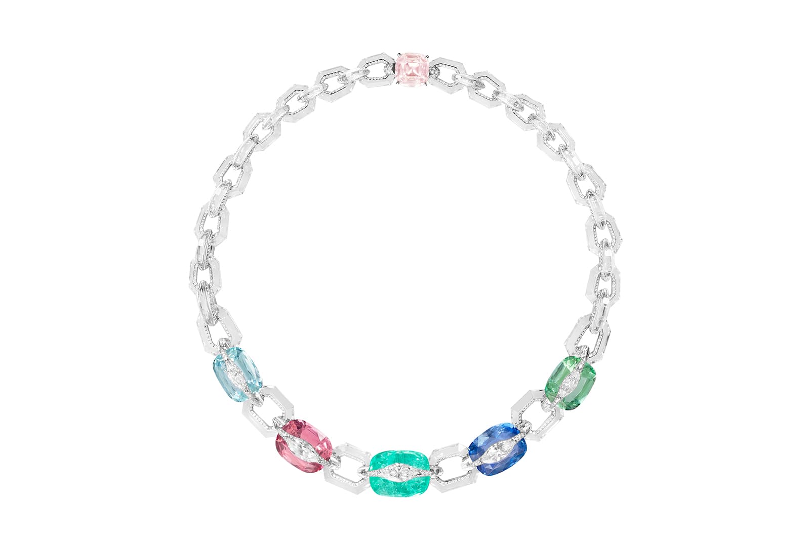 Boghossian Kissing Collection Coral Reef necklace with rock crystal links, set with sapphire, Paraiba tourmaline, pink and green tourmaline, aquamarine and kunzite, topped with white diamonds using the ‘Kissing’ technique in 18k white gold 