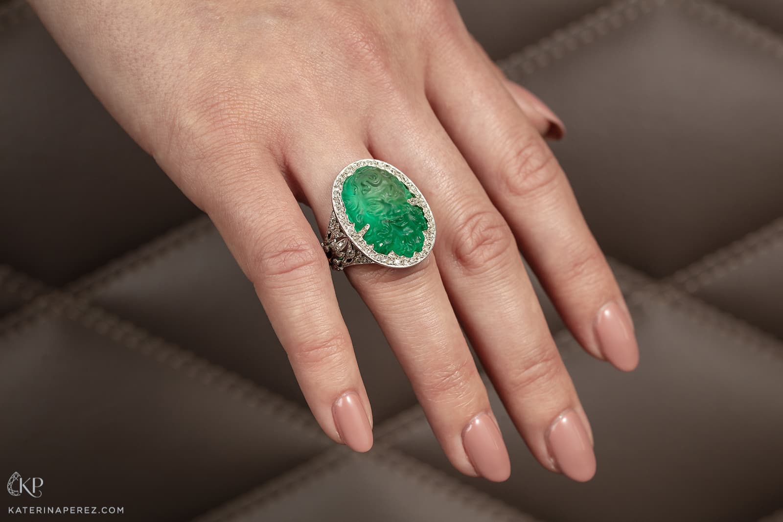 An emerald cameo and diamond ring from the first half of the 20th century, featured in the Bonhams London Jewels auction of September 2021