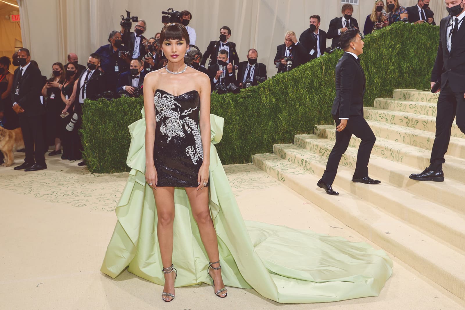  Actress Gemma Chan at the Met Gala 2021 wearing diamond jewellery by Harry Winston
