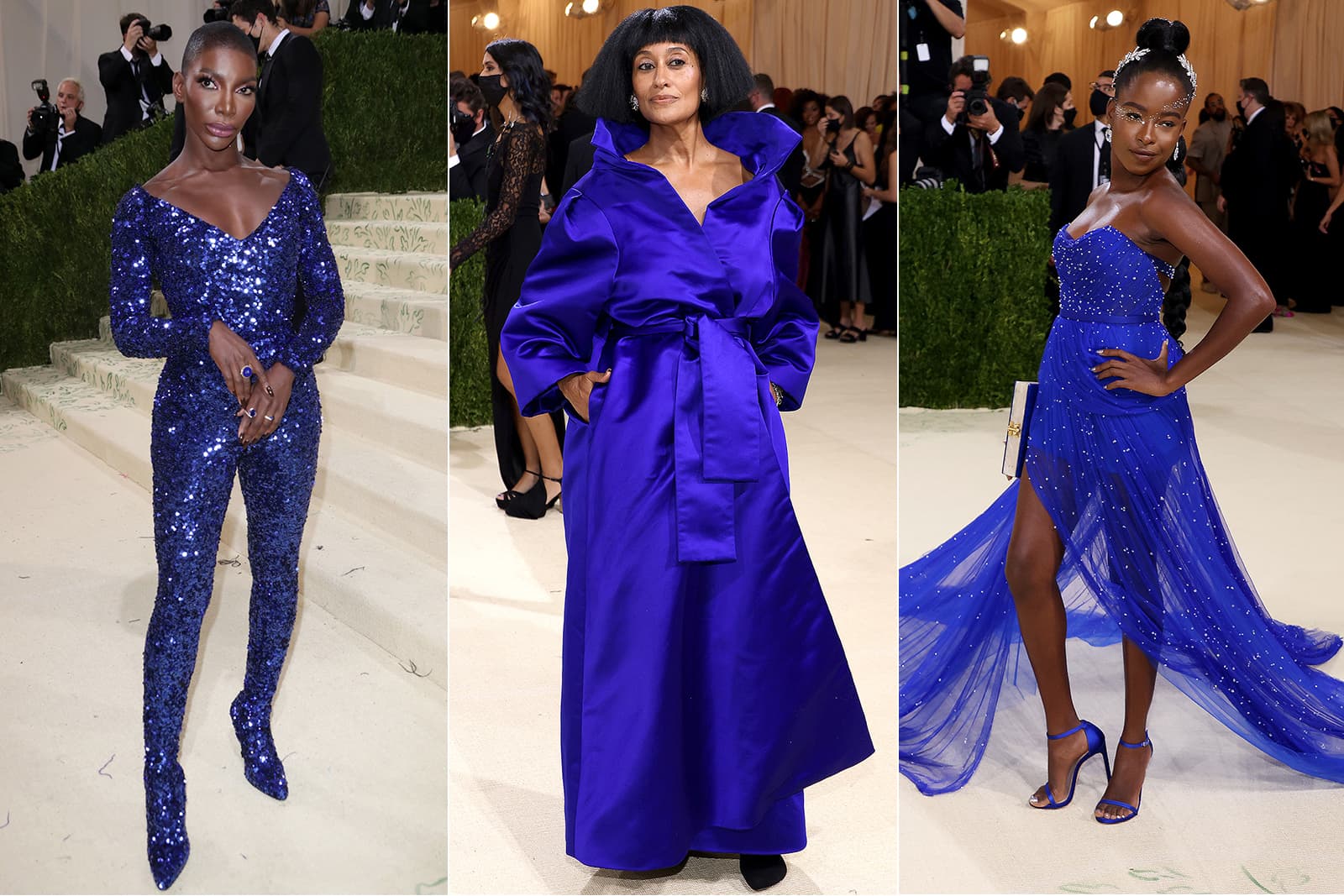At the Met Gala 2021 from left to right: Michaela Coel in Nikos Koulis, Tracee Ellis Ross in Tiffany & Co., and Amanda Gorman in Chopard with a crown by Jennifer Behr