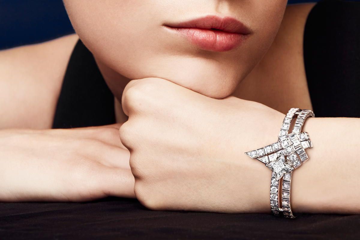 La Star du Nord bracelet with a 5.05 carat LV Monogram star-cut diamond, and the La Star du Nord earrings with nearly 10 carats of custom- and brilliant-cut diamonds, both from the Bravery by Louis Vuitton Collection 