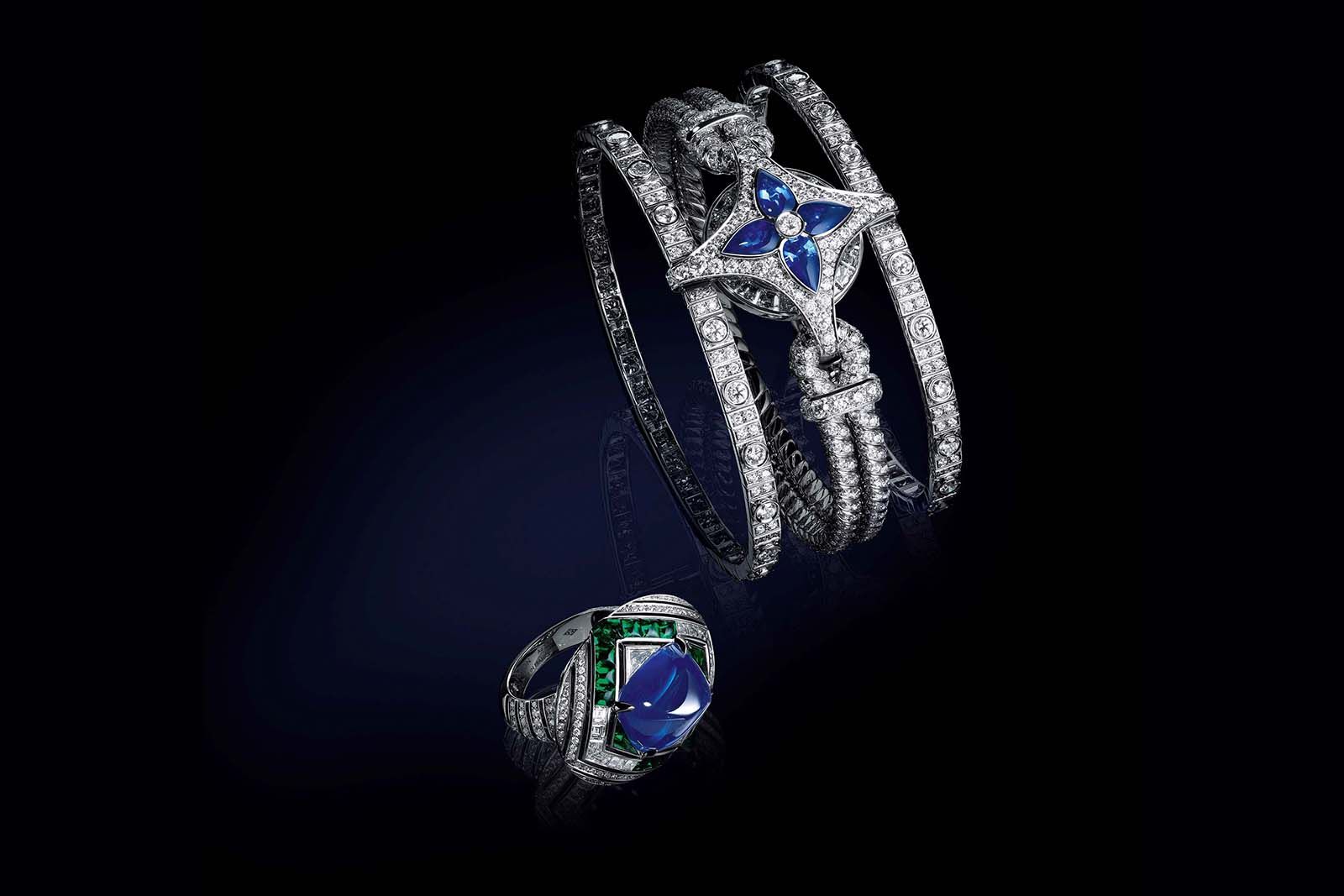  Le Mythe bracelet with 4 pear-shaped sapphires and custom-cut diamonds and the Le Mythe ring with a 15.48 carat sugar-loaf sapphire, alongside custom-cut emeralds and diamonds, both from the Bravery by Louis Vuitton Collection