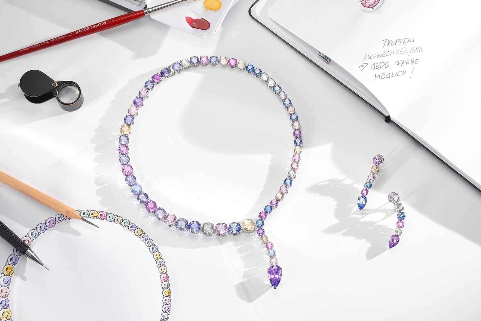 Designing the Bucherer Fine Jewellery Pastello Exceptional Waterfall necklace and matching earrings with natural fancy-coloured sapphires and a pear-shaped lavender sapphire of more than 11 carats