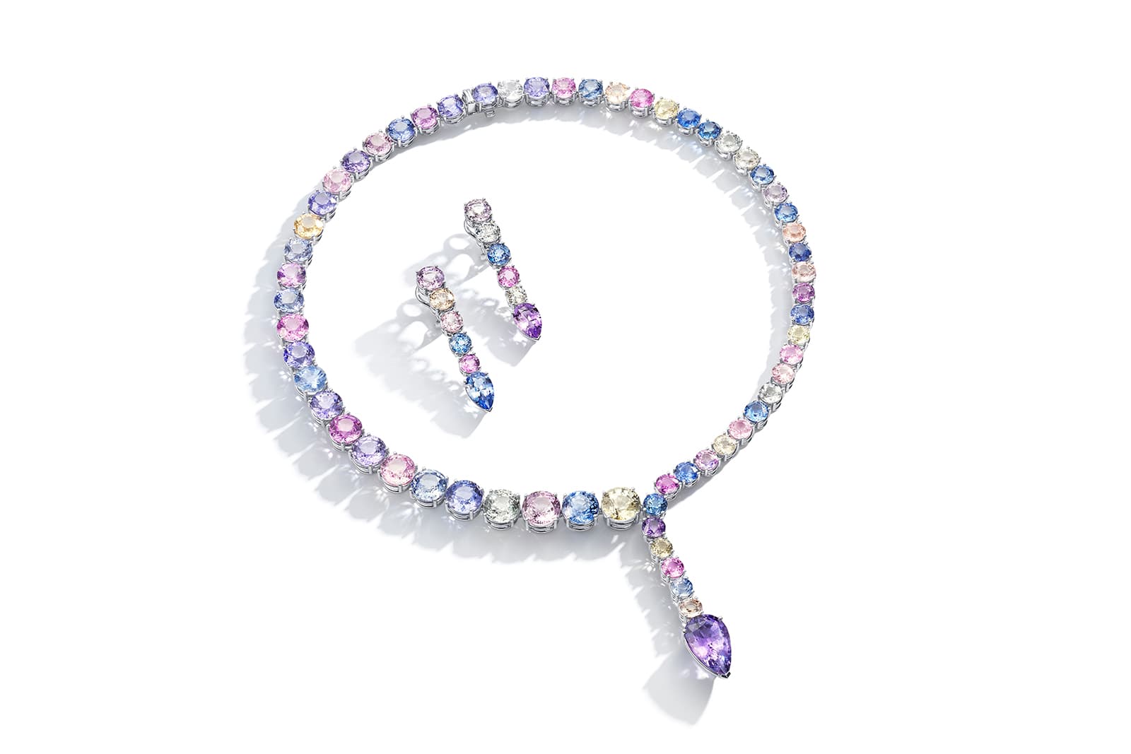 Bucherer Fine Jewellery Pastello Exceptional Waterfall necklace and matching earrings with natural fancy-coloured sapphires and a pear-shaped lavender sapphire of more than 11 carats