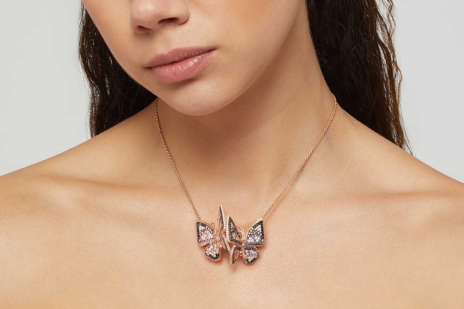 Fullord butterfly pendant with coloured gemstones and diamonds in 18k rose gold 