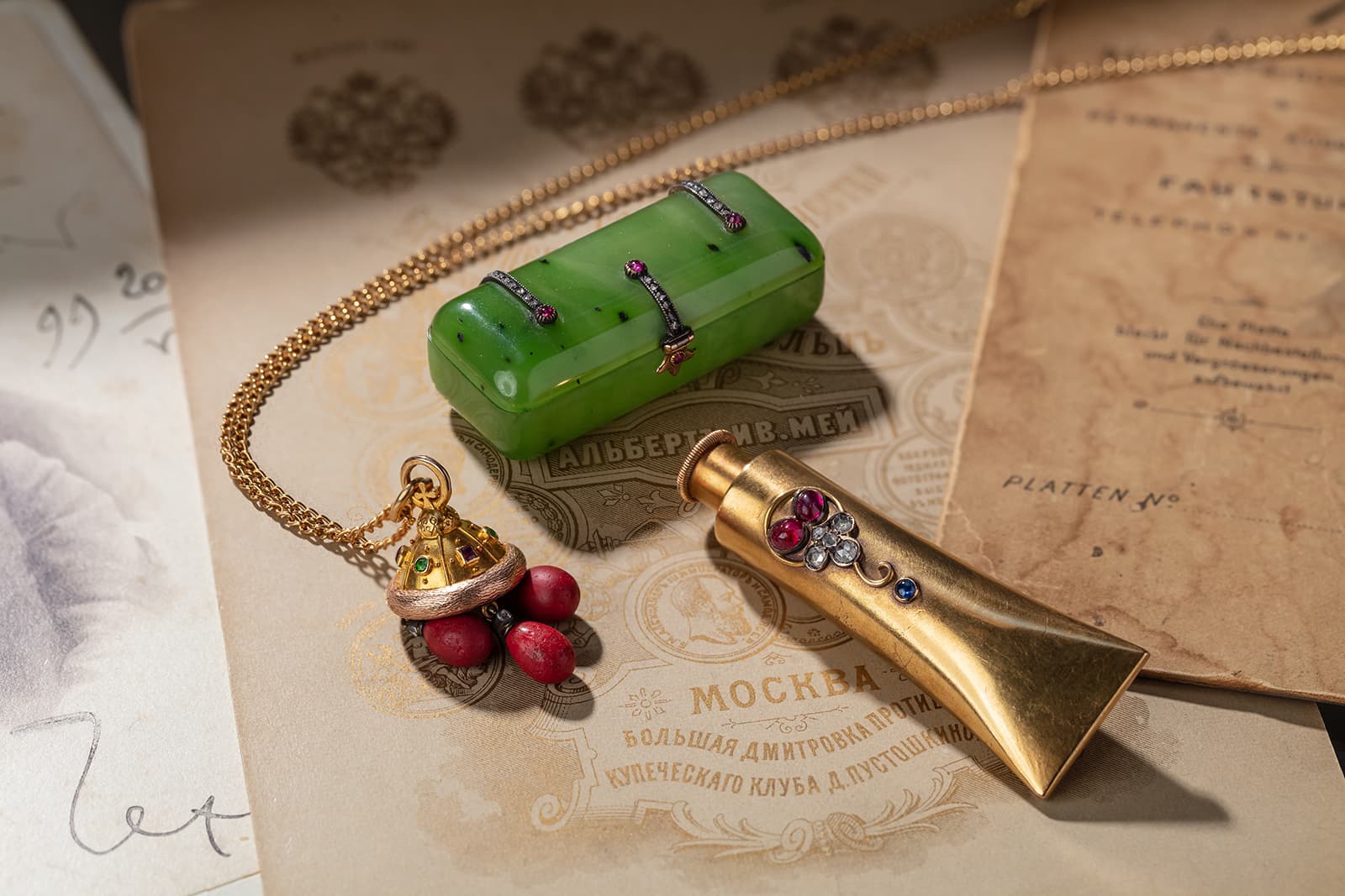 Lots in the upcoming Christie’s London sale of the Harry Woolf Fabergé collection, including a jewelled two-colour gold and purpurine (glass) pendant set with rubies, peridots and rose-cut diamonds (circa. 1908-1917)