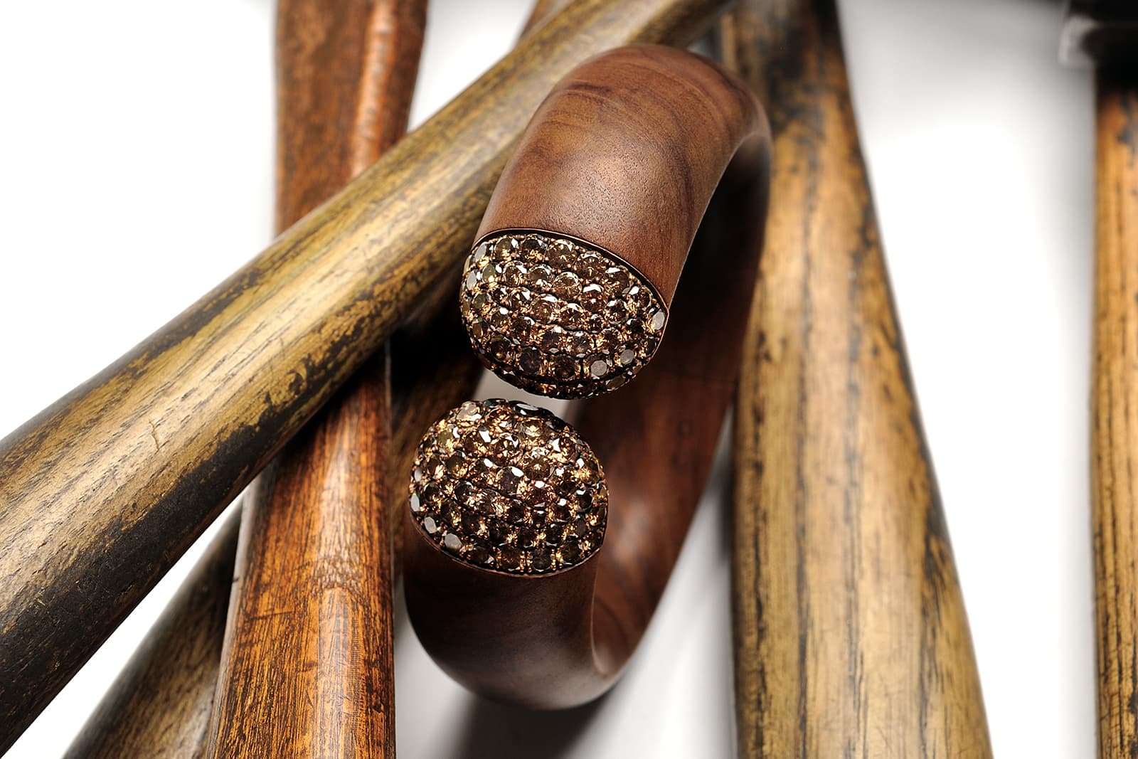 Hemmerle Harmony bangle with brown diamonds, wood, copper and white gold, private collection, courtesy Hemmerle
