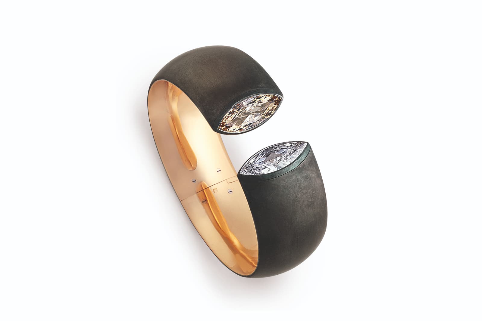  Hemmerle Harmony bangle with diamonds, iron, yellow gold, 1997, private collection, courtesy Hemmerle