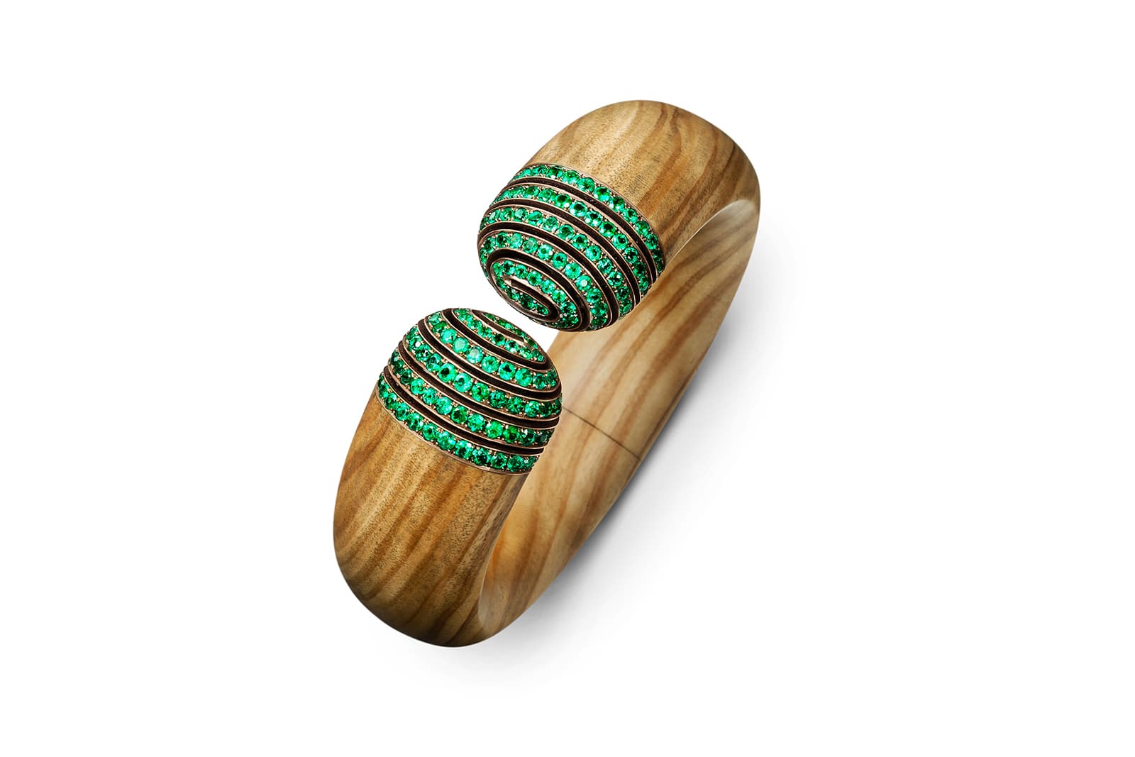 Hemmerle Harmony bangle with emeralds, olive wood, bronze, white gold, 2019, private collection, courtesy Hemmerle