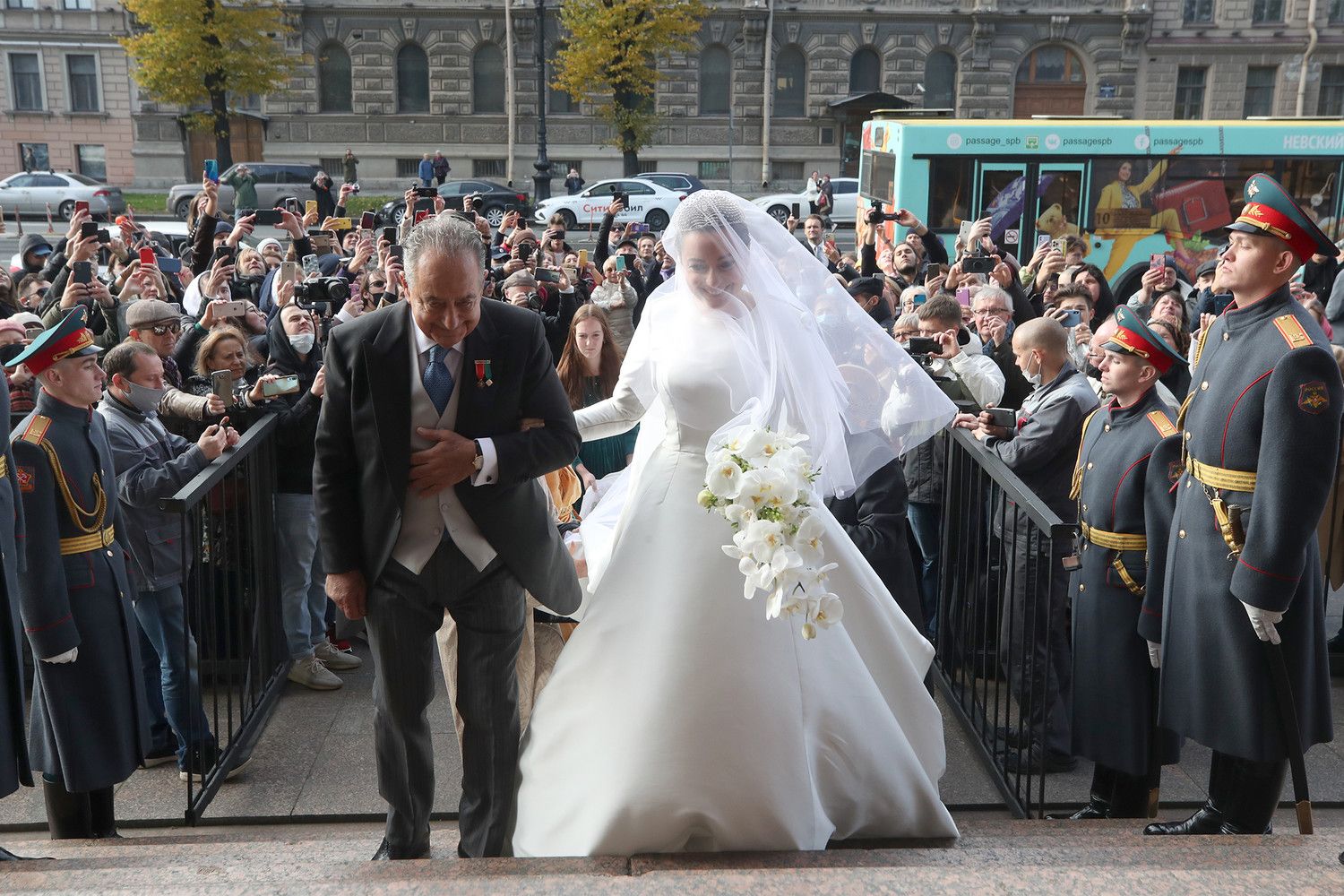 Rebecca Victoria Romanovna Bettarini arrives at Saint Isaac cathedral in St Petersburg wearing the Lacis High Jewellery tiara by Chaumet