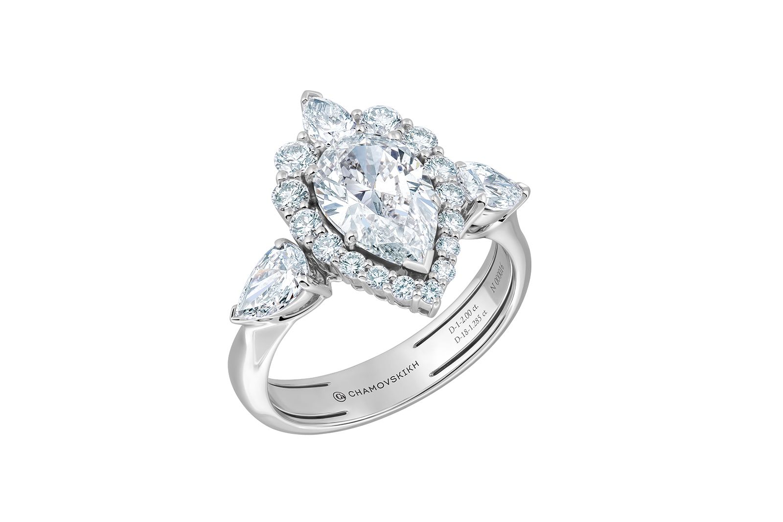 Chamovskikh diamond ring with a pear-shaped centre stone of nearly two carats