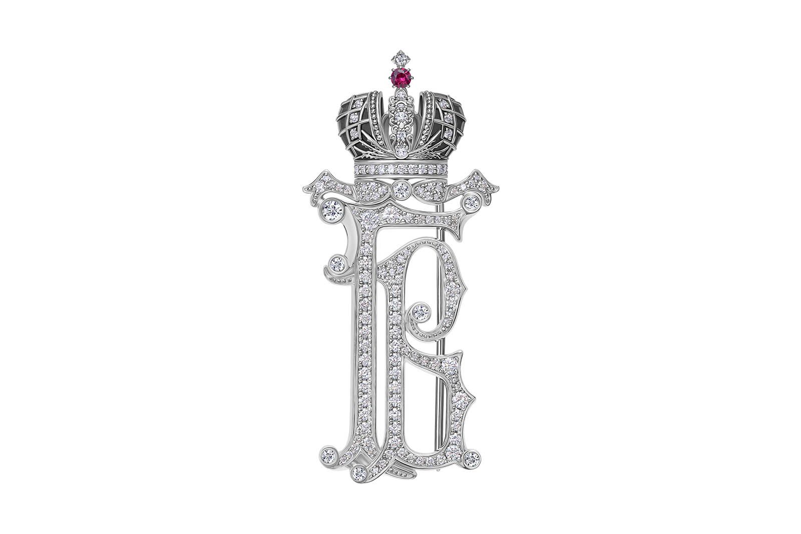  Bespoke Chamovskikh diamond brooch created in the shape of Grand Duke George Mikhailovich's family monogram