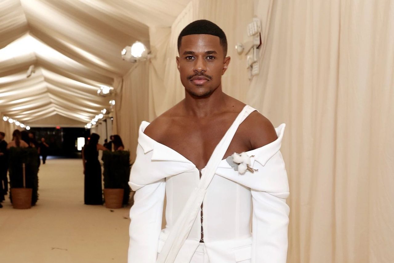  American theatre actor Jeremy Pope in a floral brooch at the Met Gala 2021