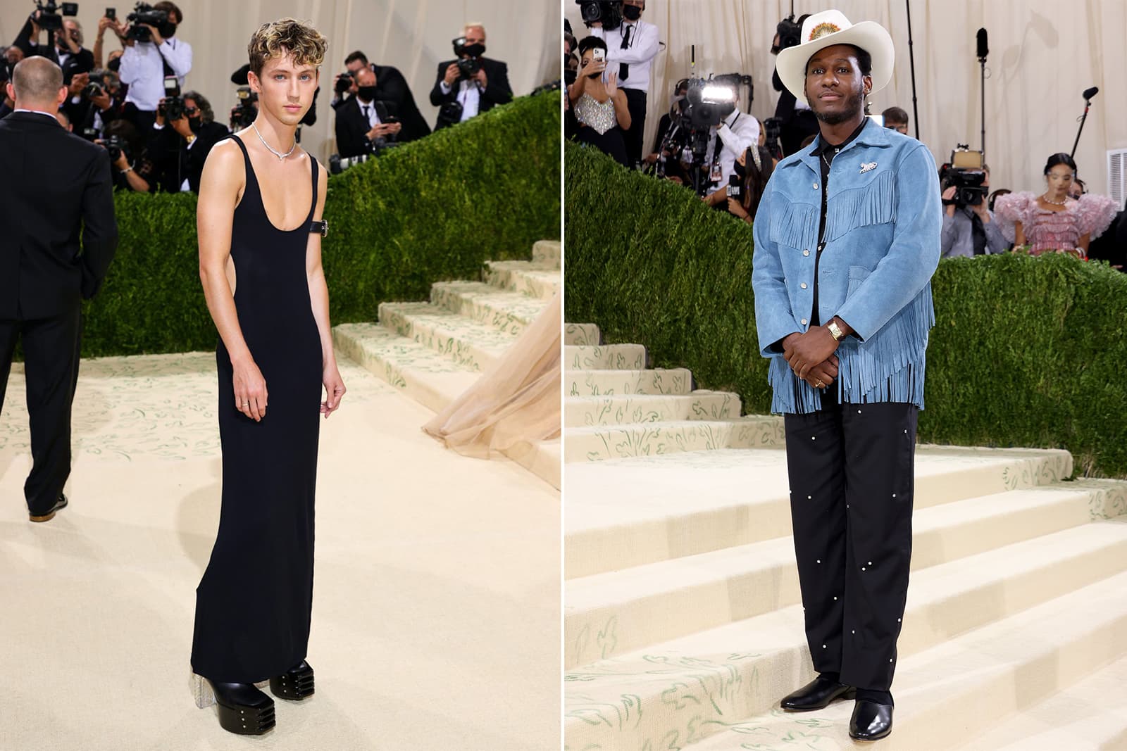  Actor Troye Sivan wears a Cartier diamond necklace and singer Leon Bridges wears Panthère de Cartier jewellery to the Met Gala 2021