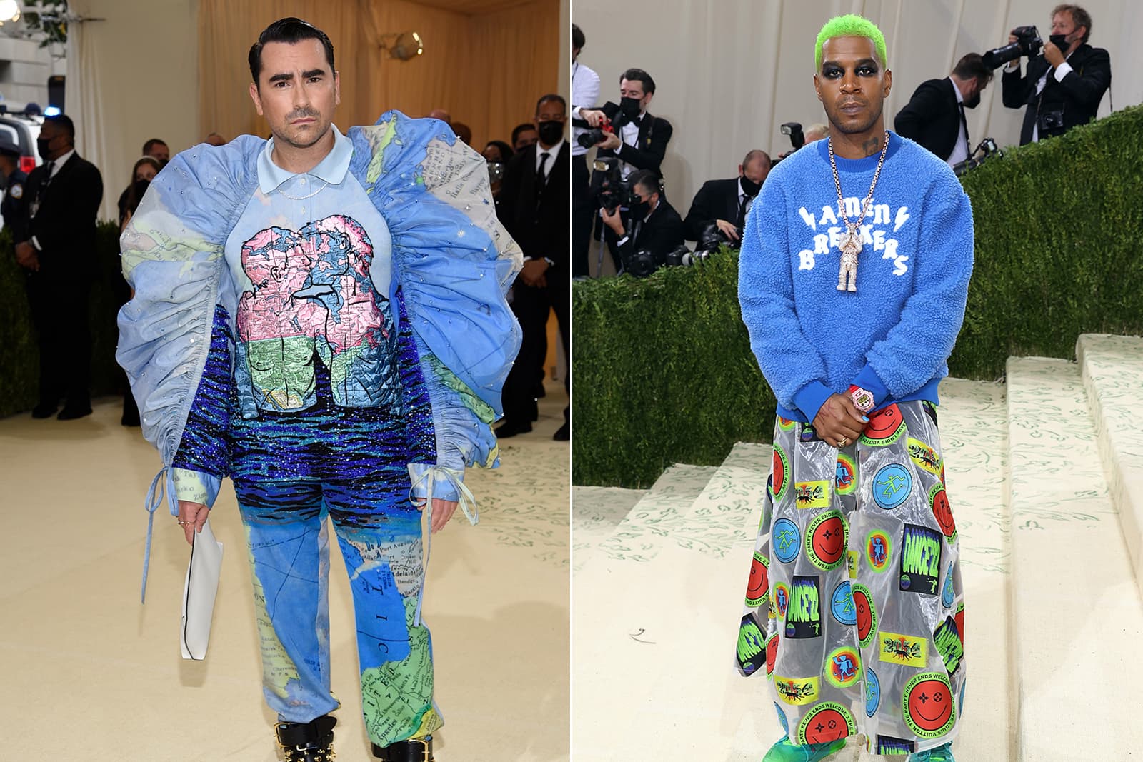  Actor Dan Levy wears a diamond line necklace and rapper Kid Cudi wears a Ben Baller x KAWS ‘Space’ astronaut necklace to the Met Gala 2021