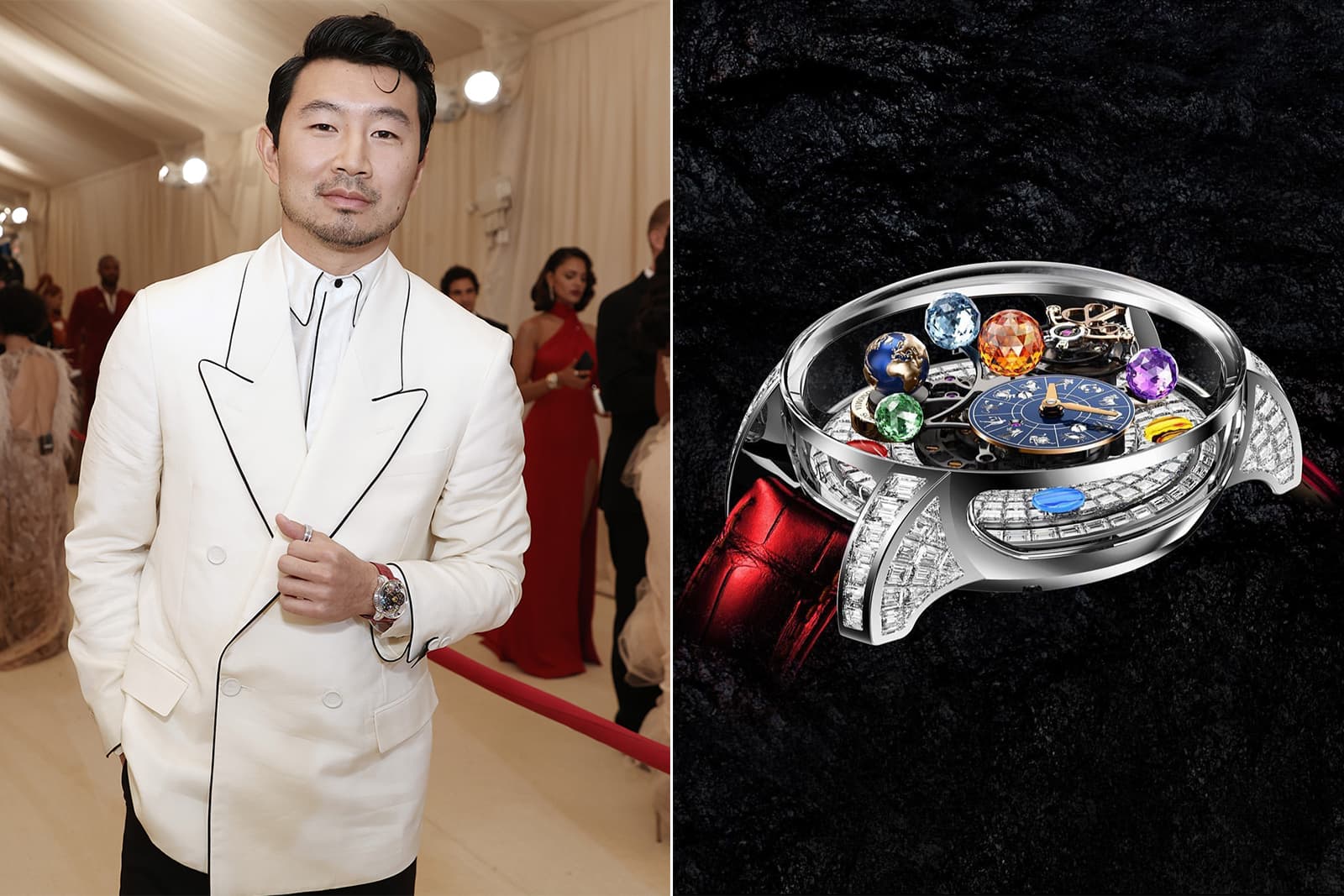 Actor Simu Liu wears the Jacob & Co. Astronomia Solar Baguette watch to the Met Gala 2021