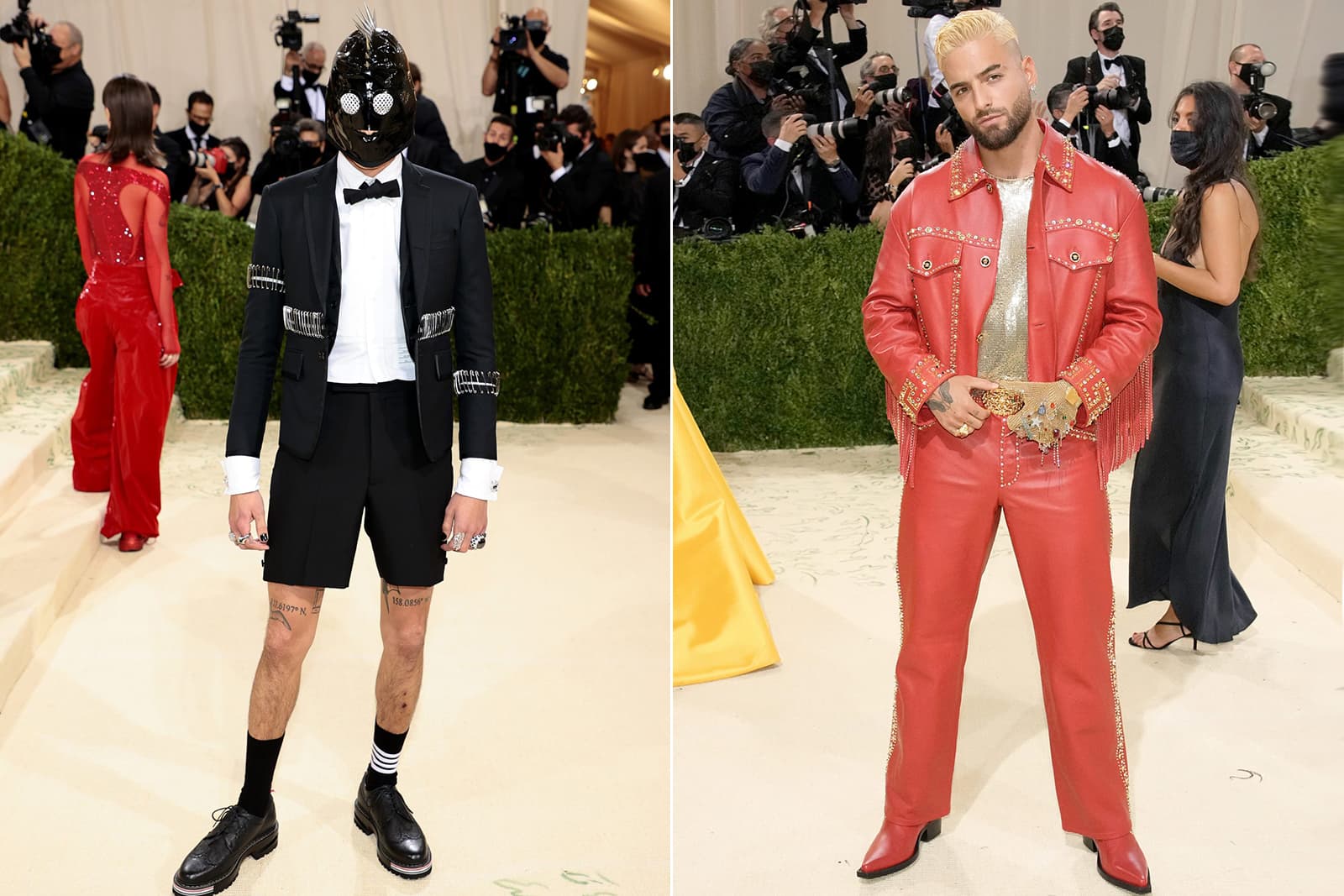  Model Evan Mock wears gemstone and diamond rings and singer Maluma wears an Aslan gold glove and Maria Tash earrings to the Met Gala 2021