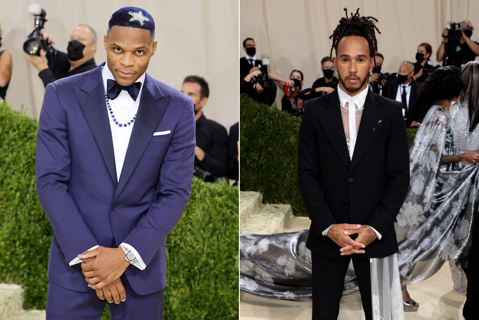  Basketball player Russel Westbrook wears a Greg Yüna sapphire and diamond necklace and F1 driver Lewis Hamilton wears a pearl necklace to the Met Gala 2021 