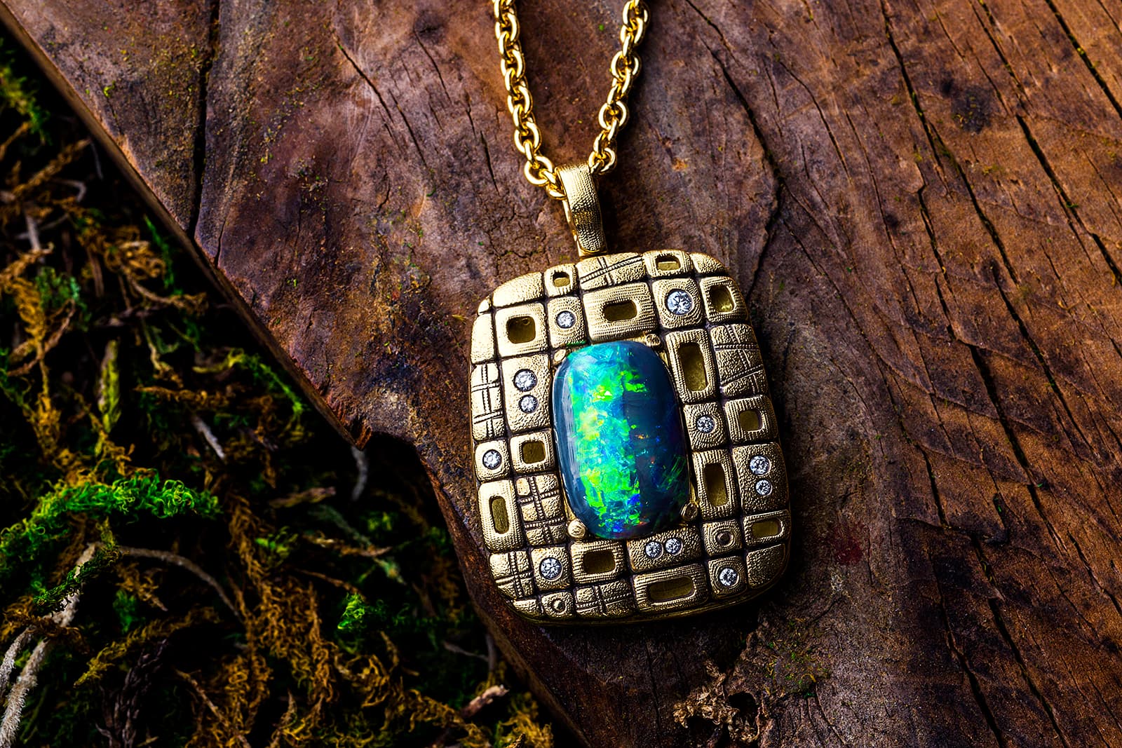 Alex Sepkus pendant in yellow gold with black opal and diamonds 