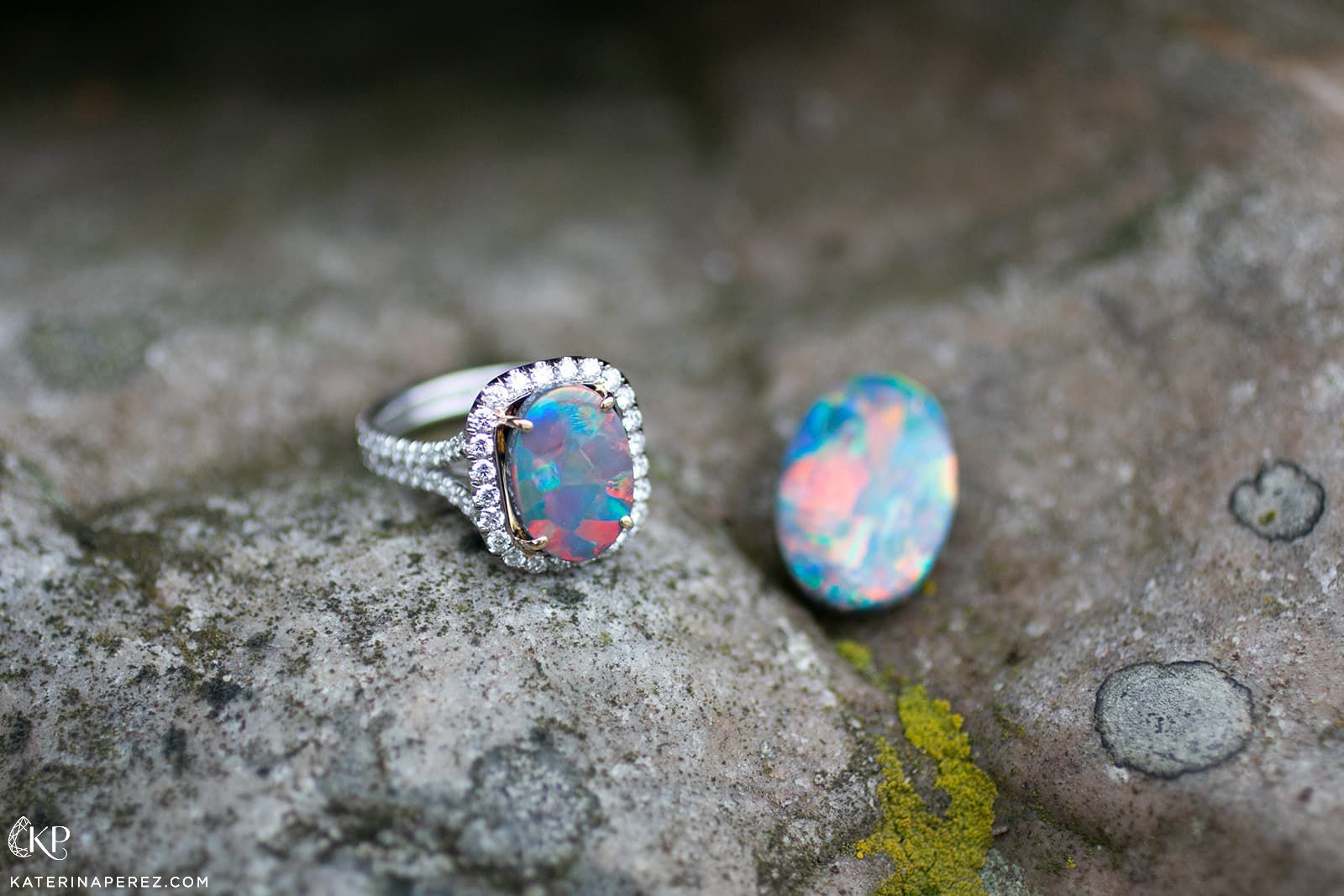 An opal ring with a 'harlequin' colour pattern set with diamonds by Emil Weis Opals 