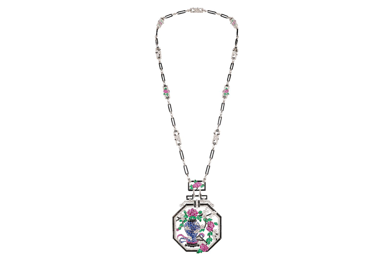 Van Cleef & Arpels Asian-inspired long necklace with emeralds, rubies and sapphires from 1924