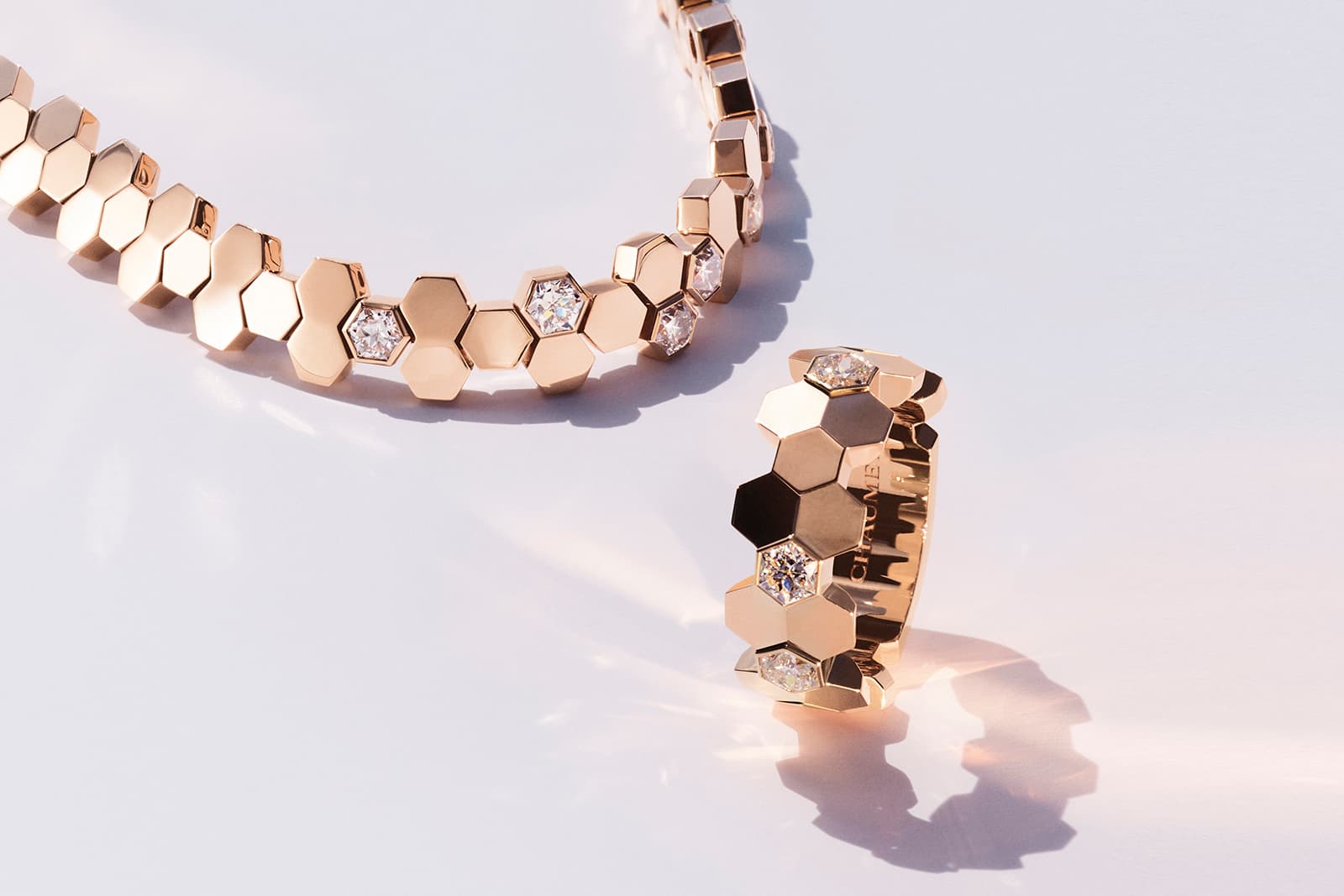  Chaumet Bee My Love bracelet with seven Taille Impératrice-shaped diamonds and the Bee My Love ring with three Taille Impératrice-shaped diamonds, both set in rose gold 