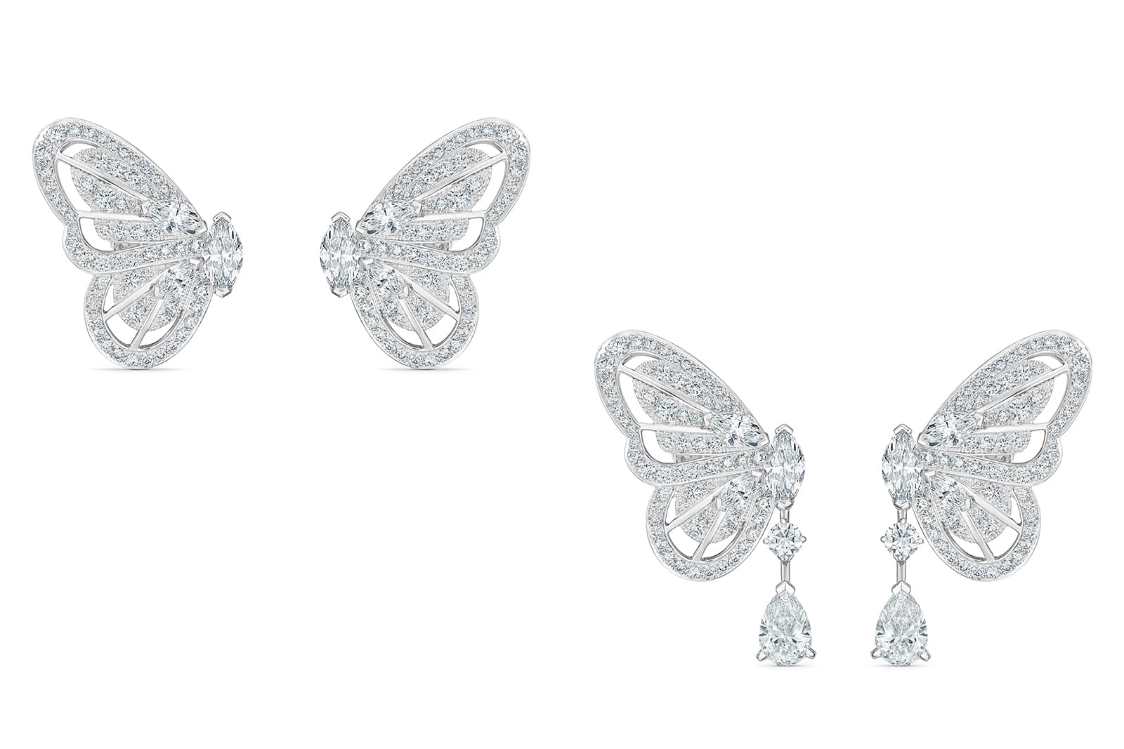  The De Beers Butterfly earrings in 18k white gold can be worn with or without the pear-shaped diamond drops