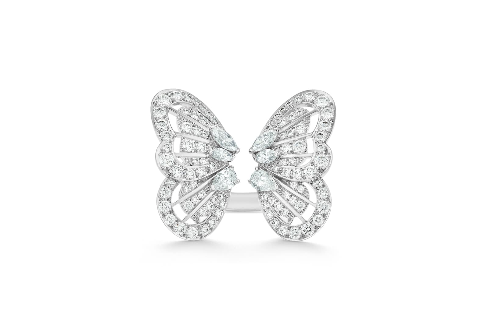  De Beers Butterfly ring in 18k white gold with round and pear-shaped diamonds 