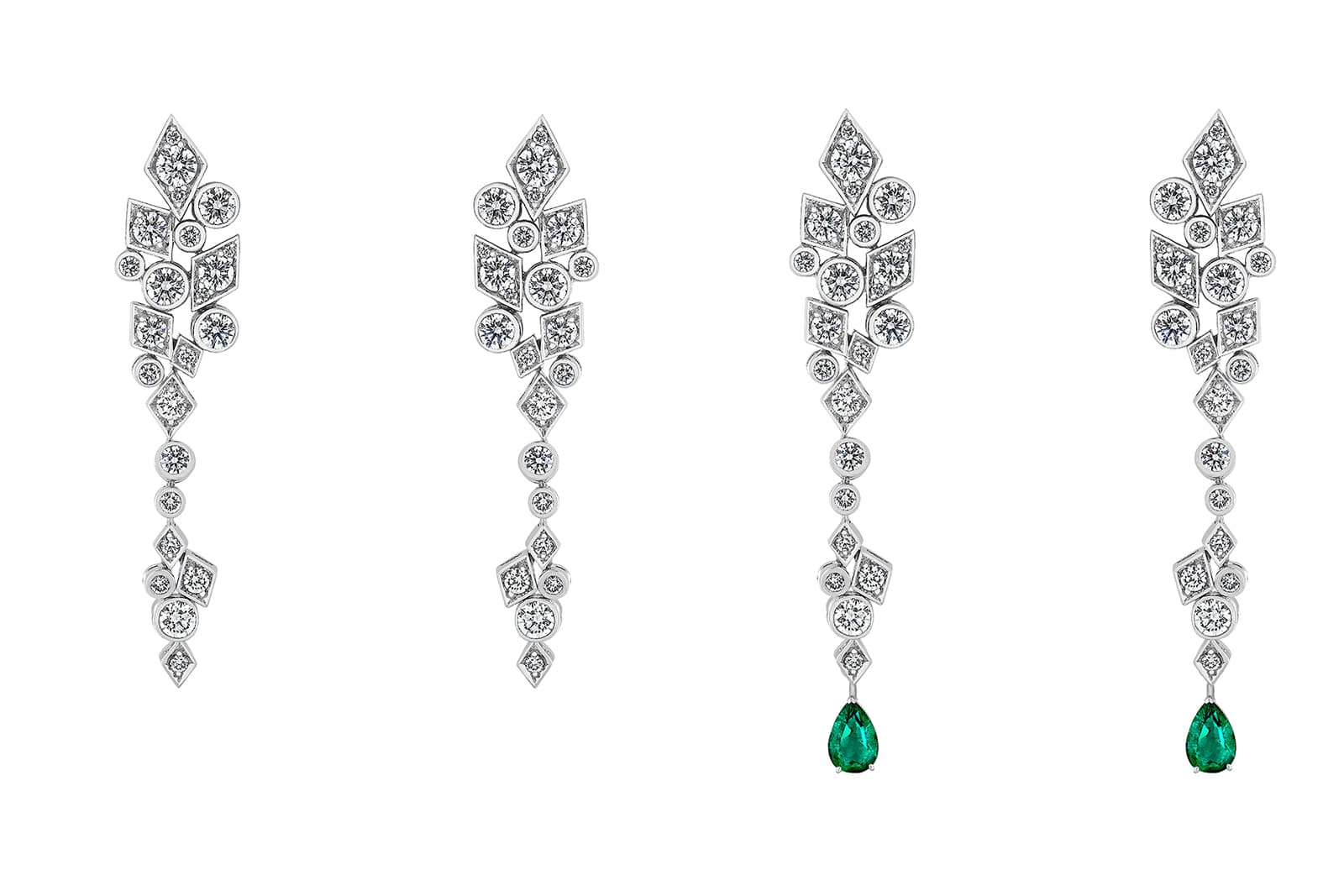  Garrard Albemarle diamond earrings in 18k white gold with detachable pear-shaped emerald drops
