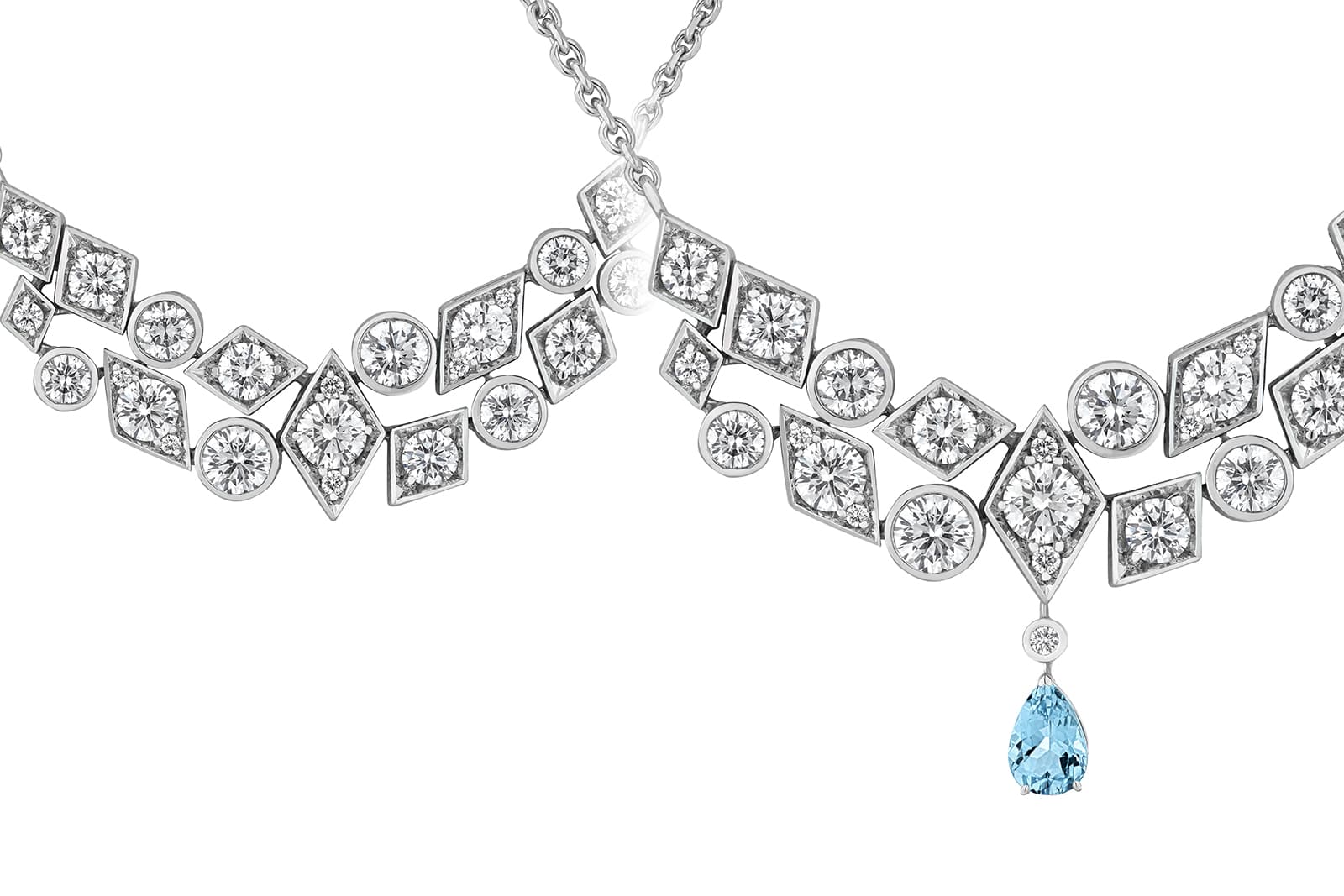  Garrard Albemarle diamond necklace in 18k white gold with a detachable pear-shaped aquamarine drop