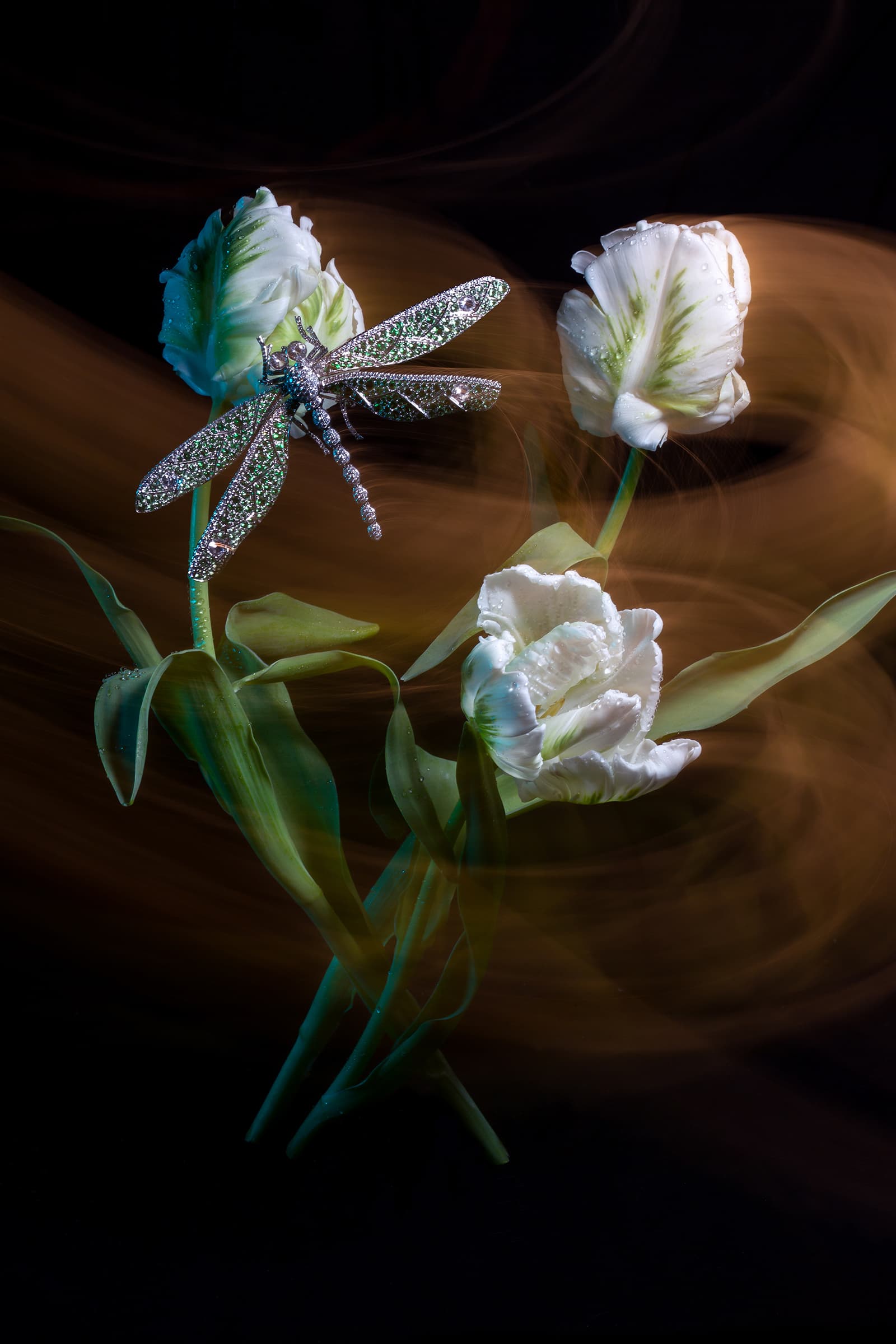 Sillam dragonfly brooch set en tremblant with emeralds and diamonds in platinum 