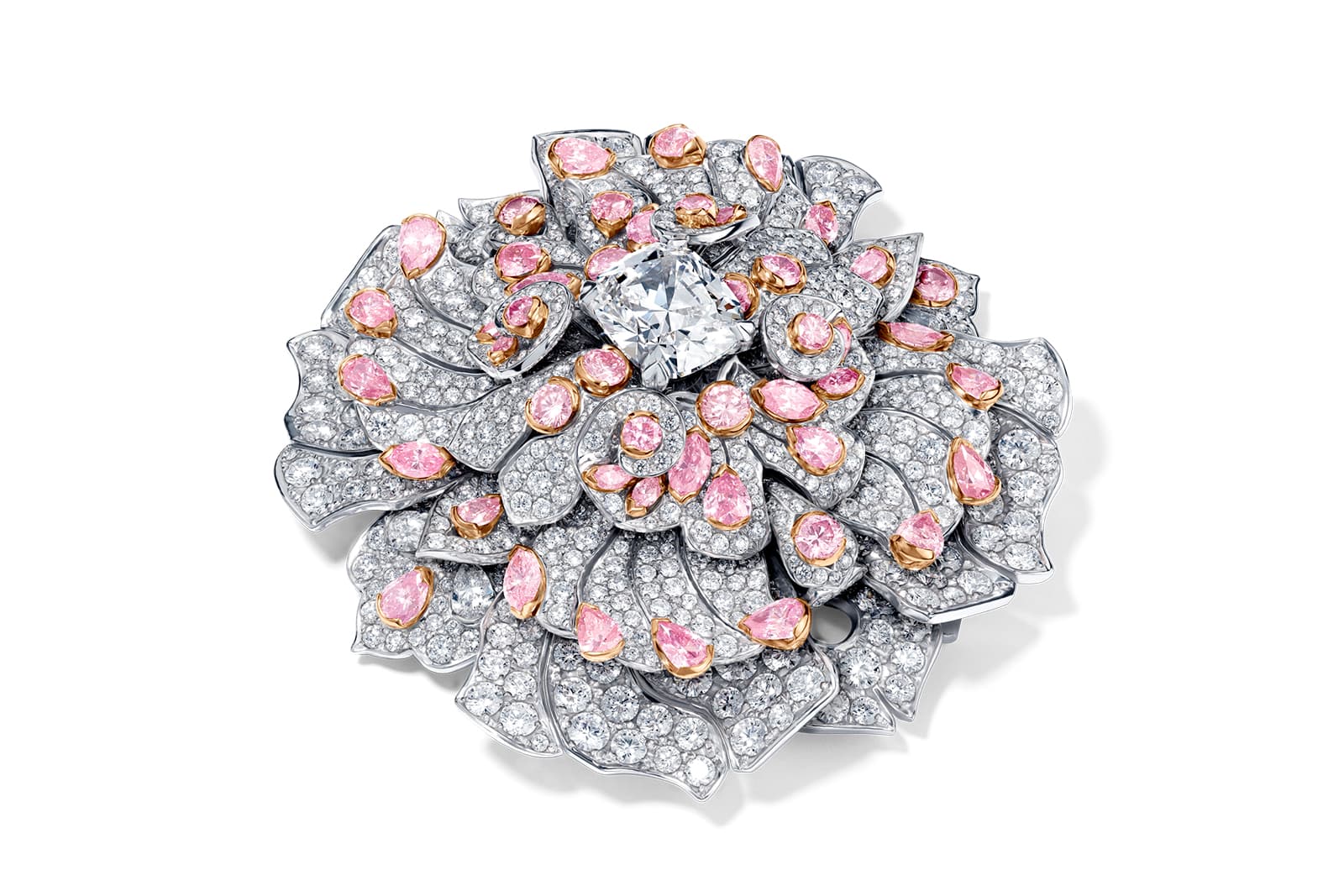 David Morris Fractal Rose brooch with a 5.01ct cushion-cut white diamond centre with pink and white diamond petals in 18k gold