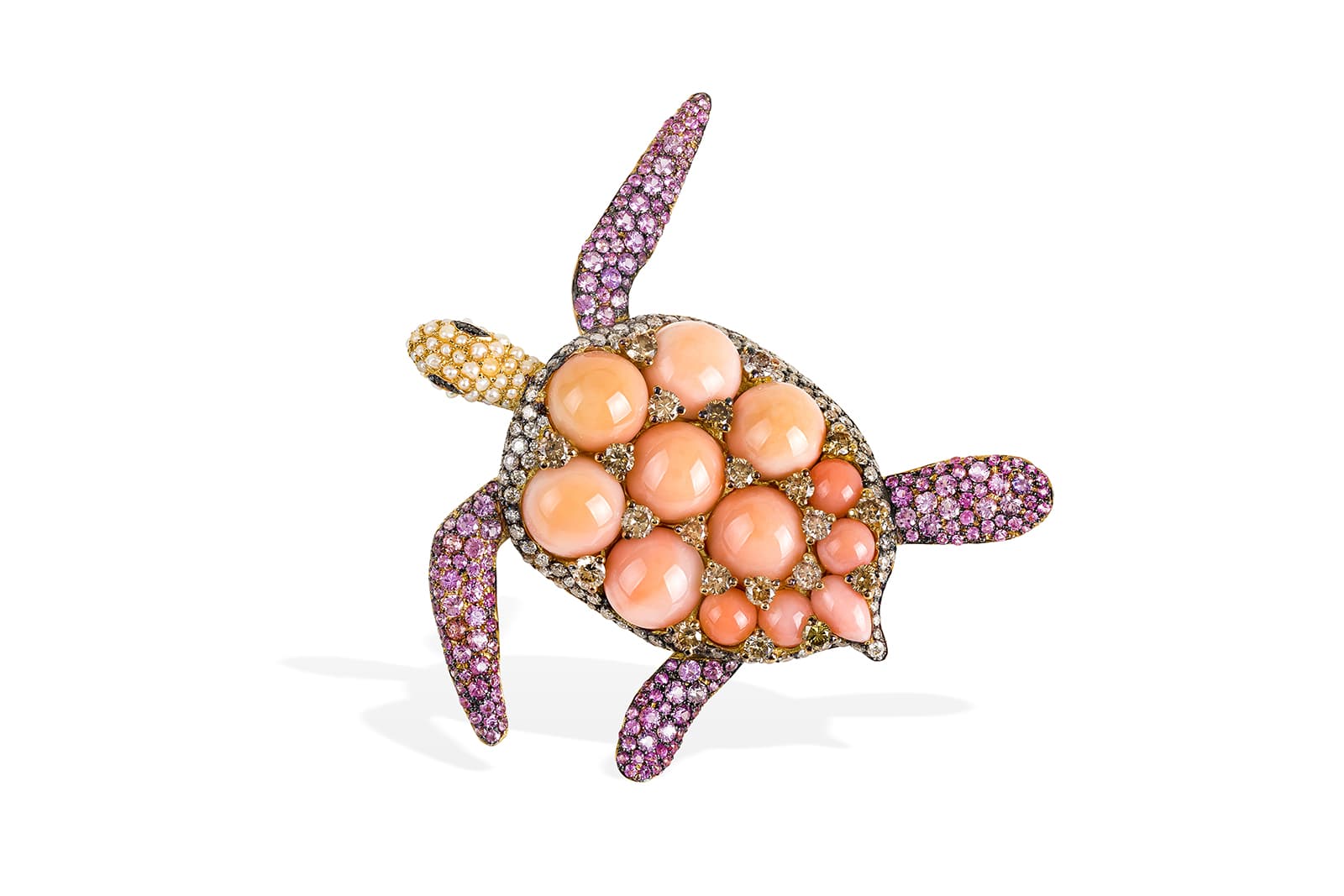 Rosior Turtle brooch with pink coral cabochons, diamonds, sapphires and pearls in 18k yellow gold