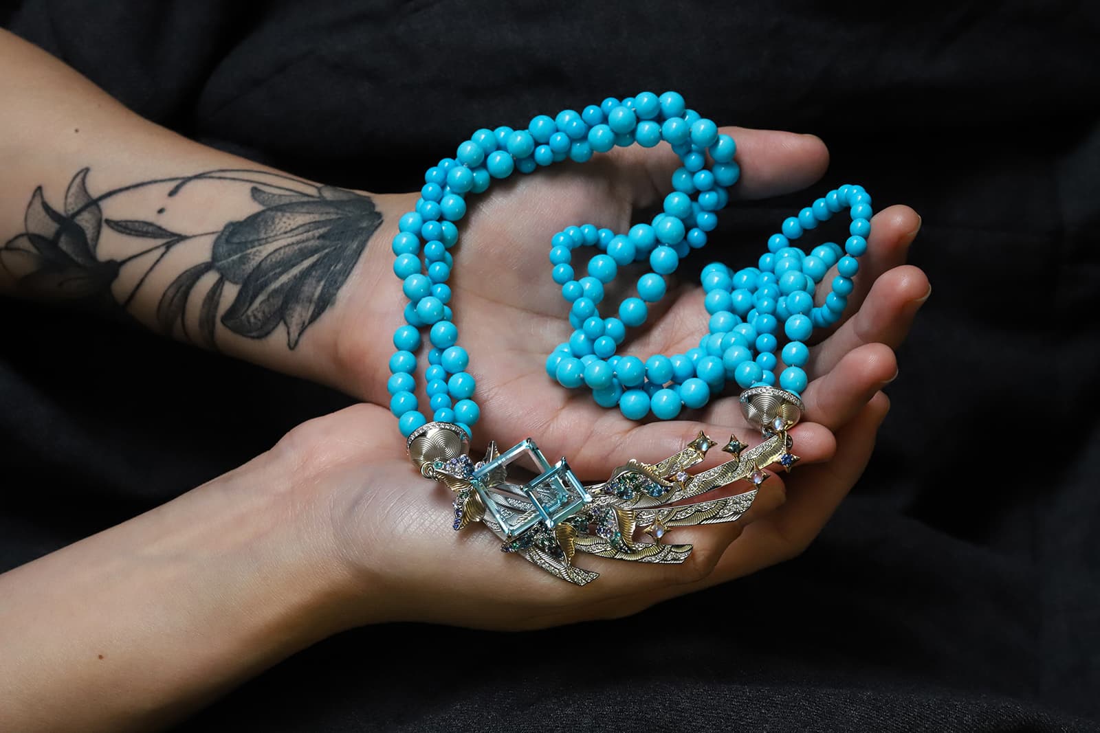 Calla Lily bespoke Constellations turquoise necklace with a detachable aquamarine and Paraiba tourmaline brooch in 18k white gold, set with sapphires, moonstones, opals and diamonds 