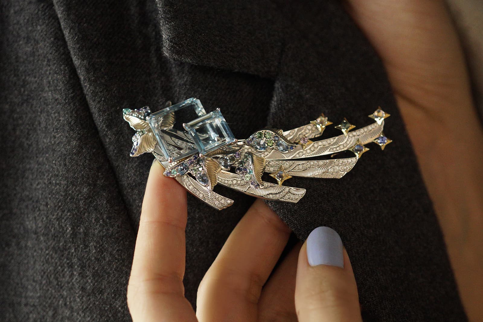  Calla Lily bespoke Constellation brooch in 18k white and yellow gold with portrait square-cut aquamarines of 17.68 carats, Paraiba tourmalines, sapphires, indigo tourmalines, moonstones, opals and diamonds 