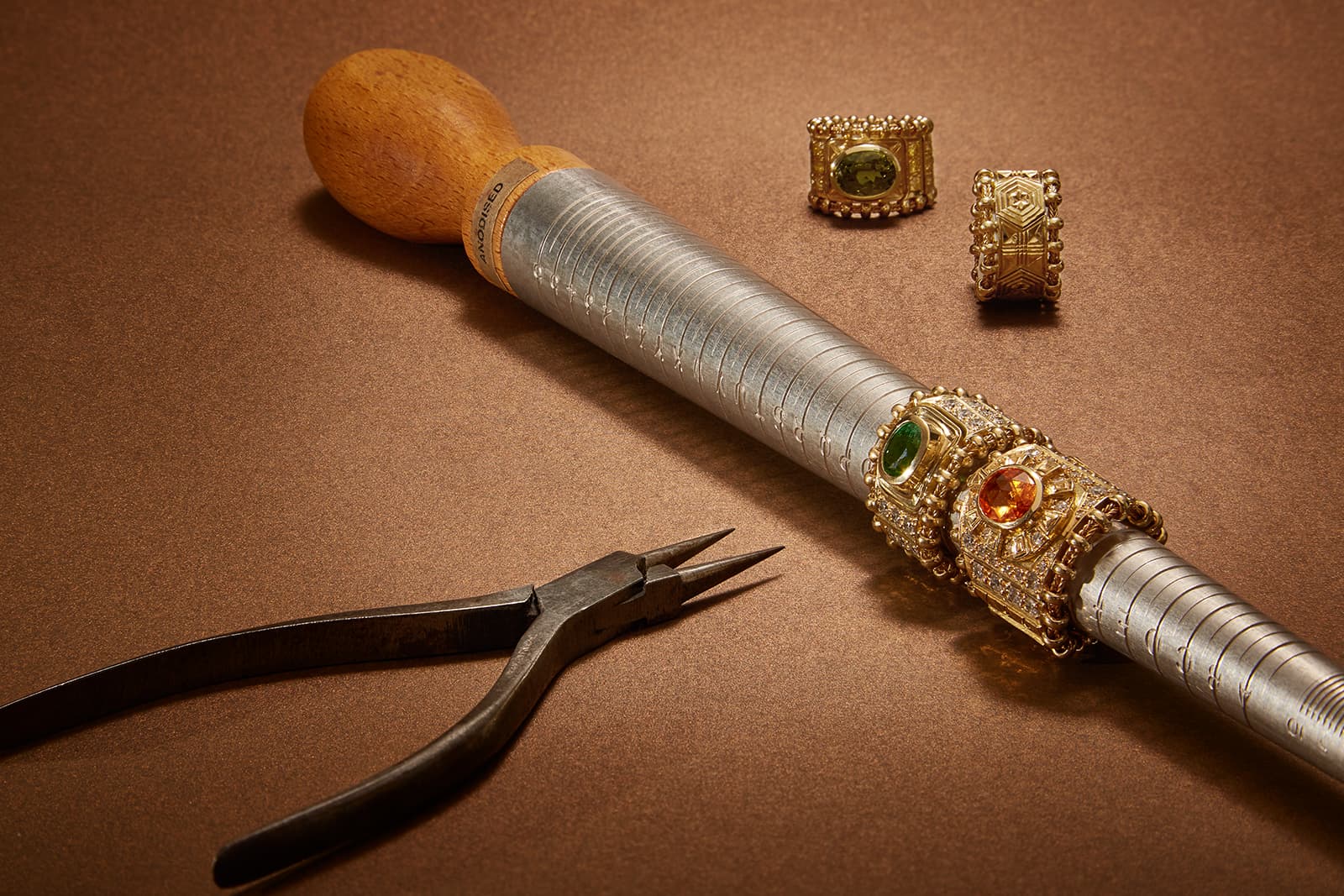  Elizabeth Gage Templar rings including pieces set with coloured gemstones and diamonds in 18k yellow gold 