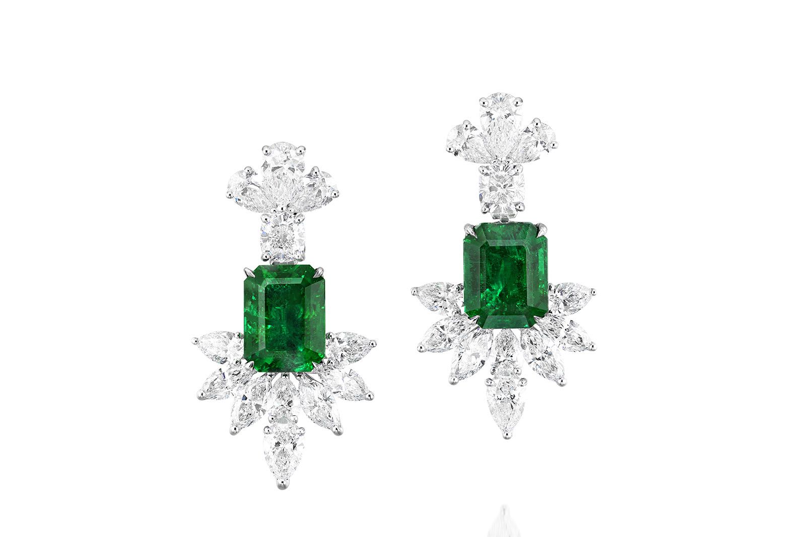 A pair of 8.13 carat and 8.27 carat Zambian emerald and diamond earrings to be sold by Phillips Hong Kong in November 2021