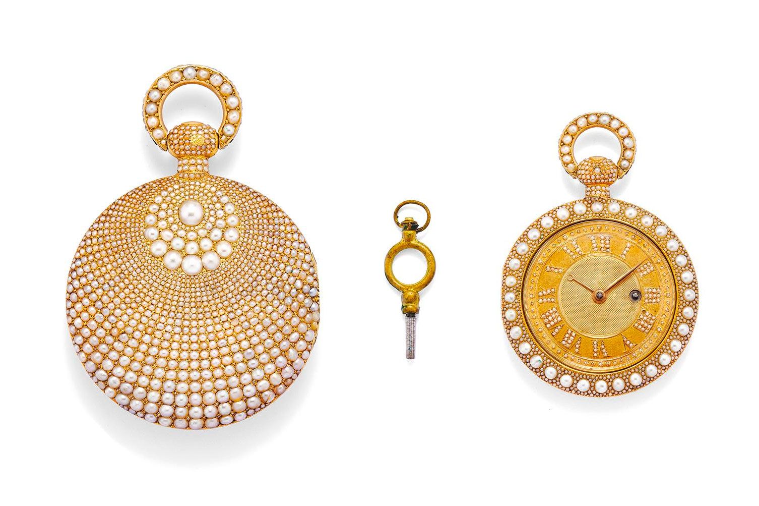  A gold and seed pearl set key wind open face pocket watch, likely Bautte & Moynier à Genève, owned by an Italian family and due to be sold by Bonhams Paris in November 2021