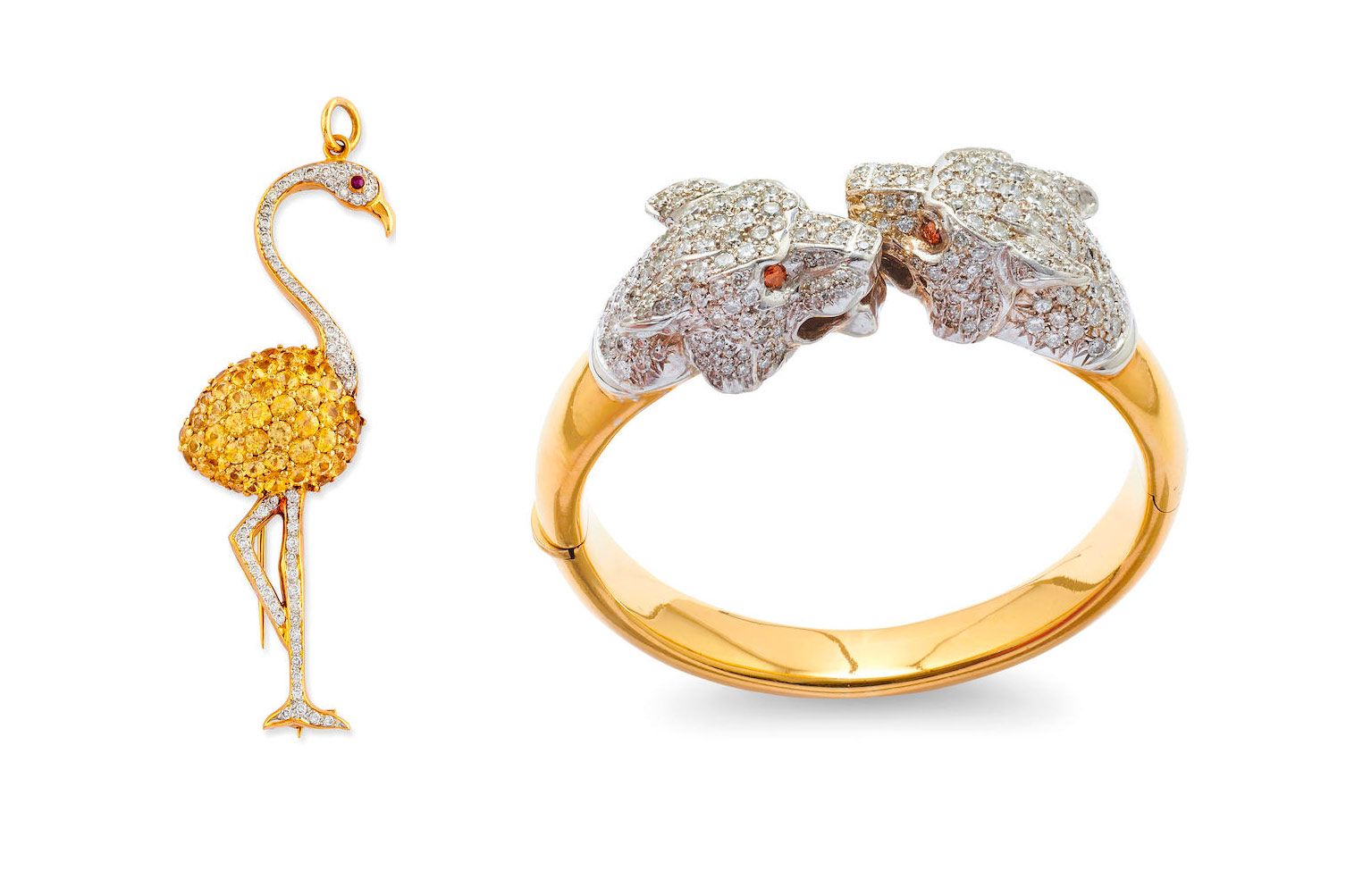 Two pieces due to be sold by Bonhams in November 2021 including a Tiffany & Co. yellow sapphire and diamond pendant-brooch in the shape of a flamingo and a diamond bangle bracelet decorated with two panther heads