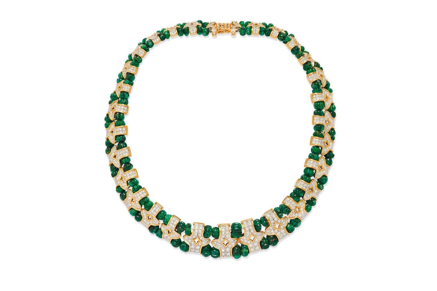  Repossi necklace with carved emerald beads and brilliant-cut diamonds in 18k yellow gold, owned by an Italian family and due to be sold by Bonhams Paris in November 2021