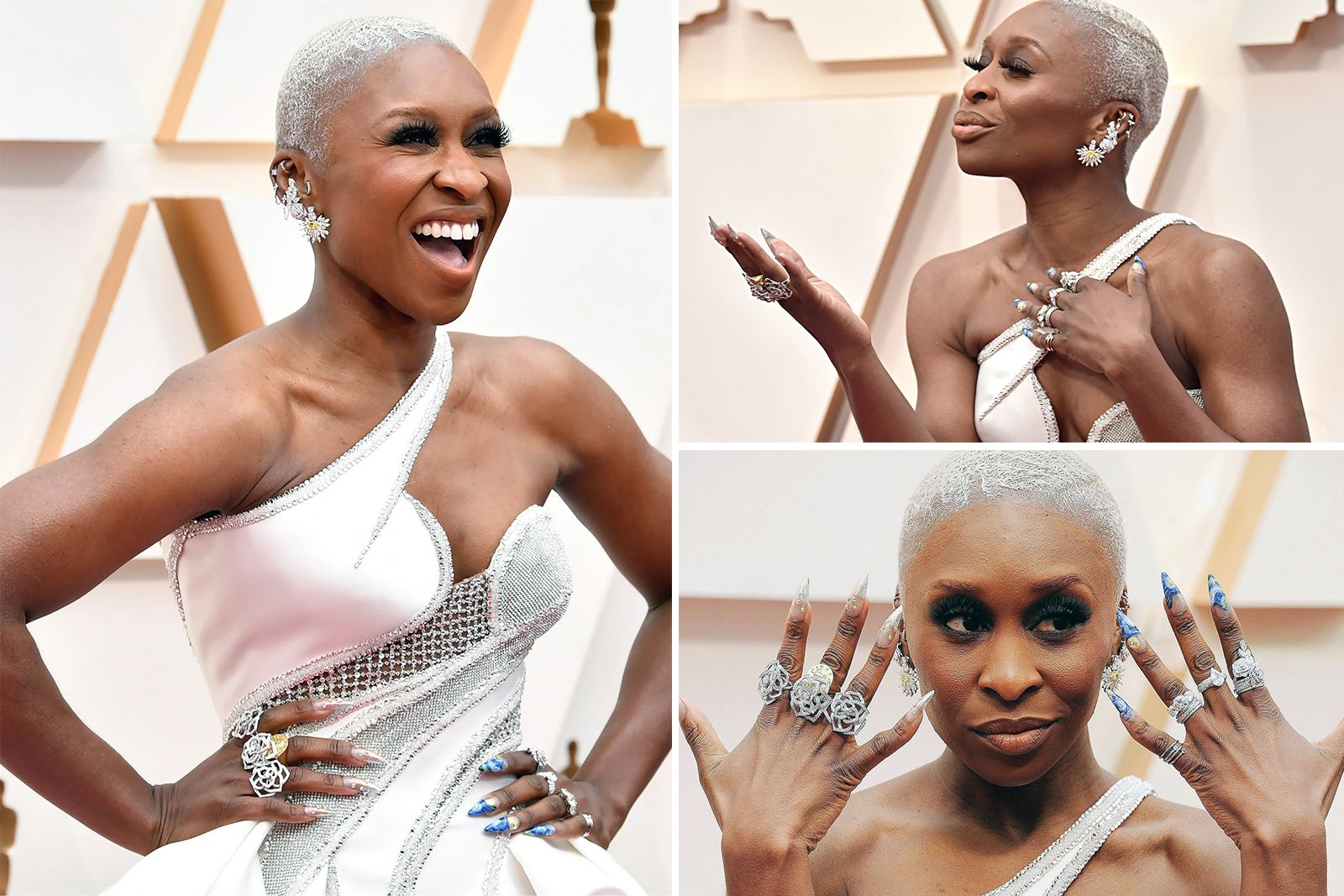 Actress and singer Cynthia Erivo in Atelier Versace at the 2020 Oscars wearing a confusing array of Piaget Possession white gold and diamond rings, Piaget Golden Oasis rings and four Piaget Rose diamond rings