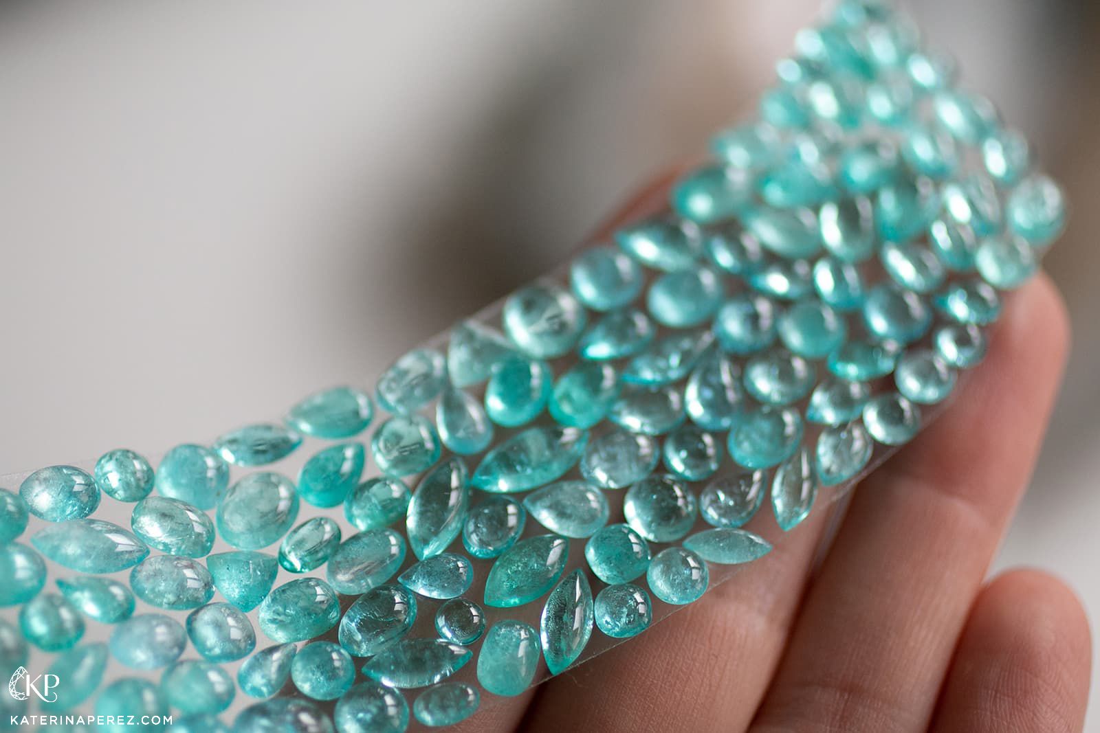  A closer look at Paraiba tourmaline cabochons arranged as a bracelet layout by Paul Wild to inspire designers