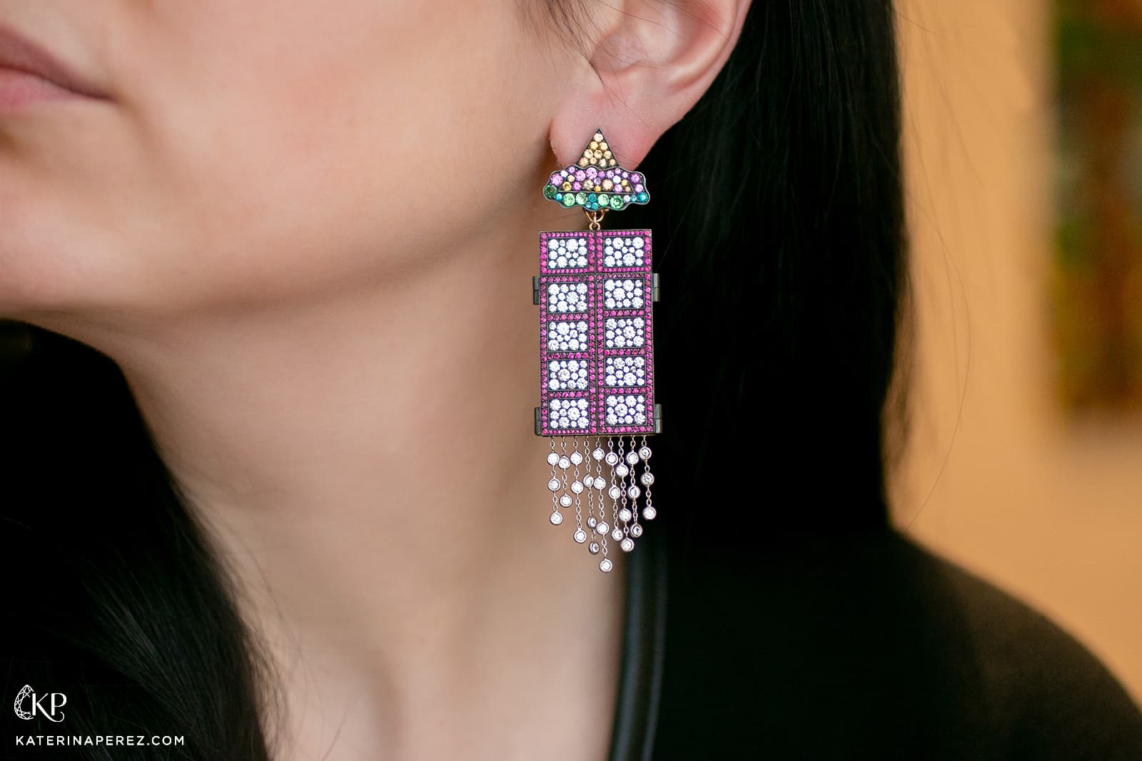  The 'A Window Open to Paradise' earrings with the 'shutters' closed and set with diamonds, sapphires and rubies by Antonio Seijo 