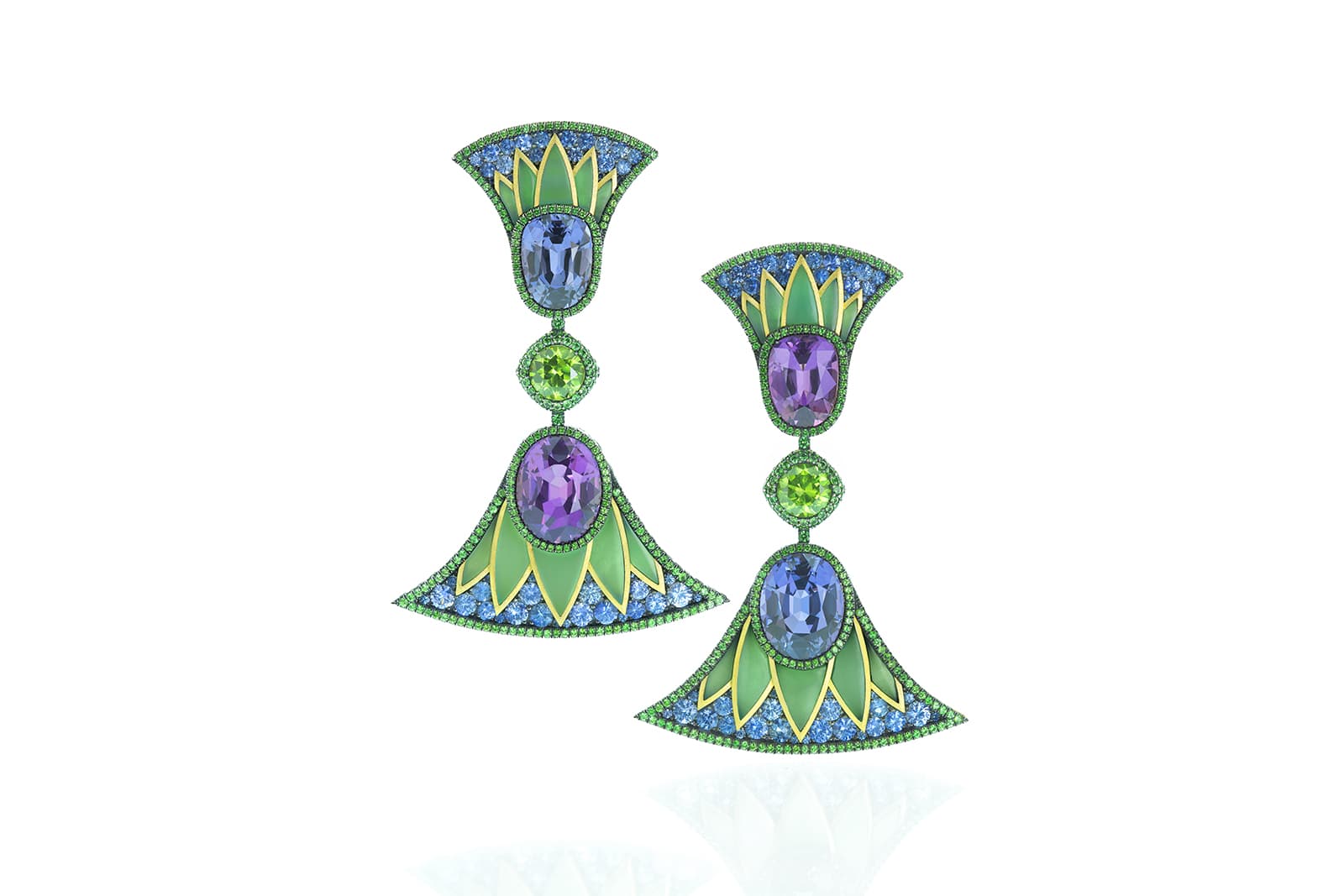  Antonio Seijo Lotus Flower earrings in shades of green, blue and purple 