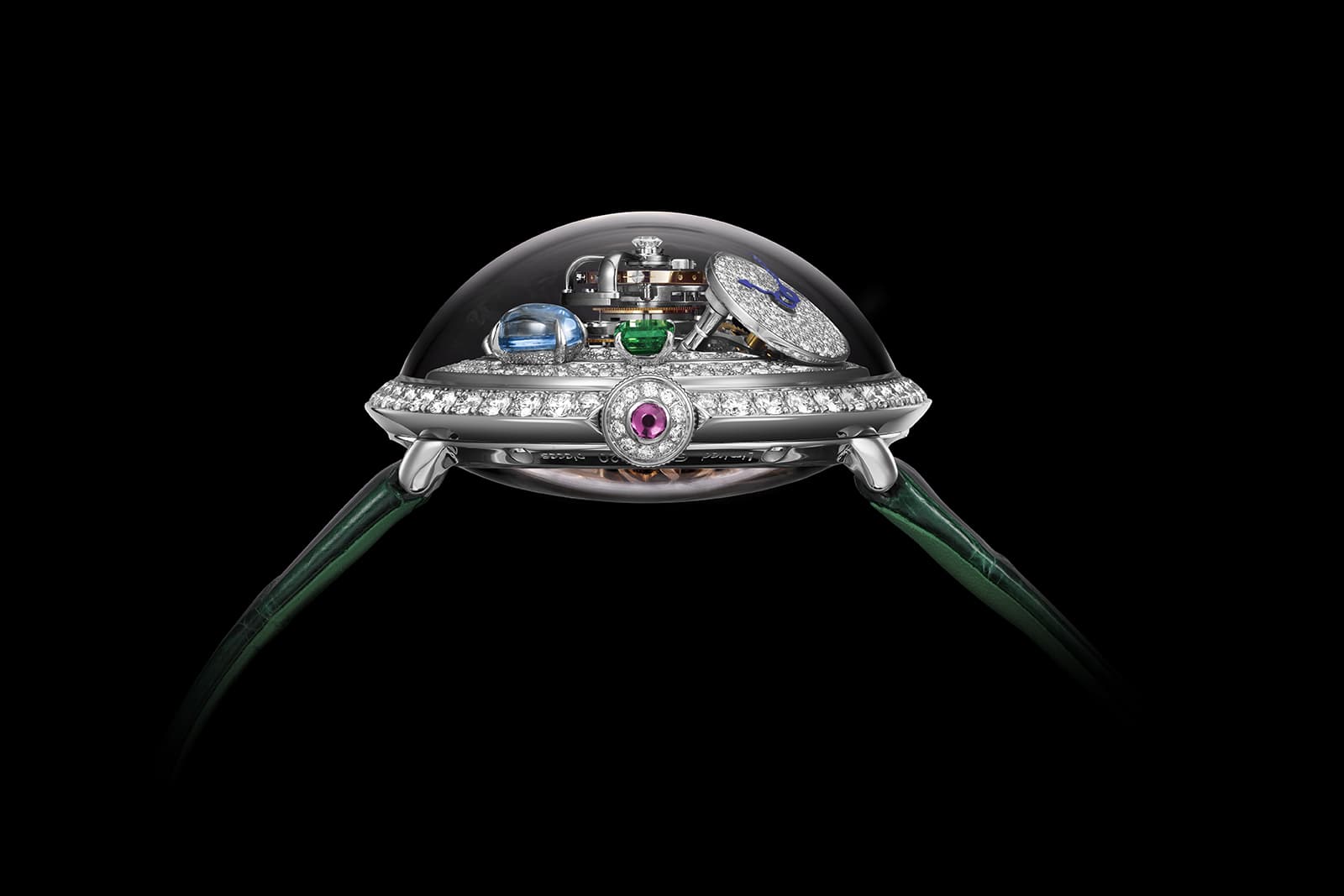  A closer look at the domed case of the MB&F x Bulgari LM Flying T Allegra watch with a three-dimensional ‘vertical architecture’ movement 