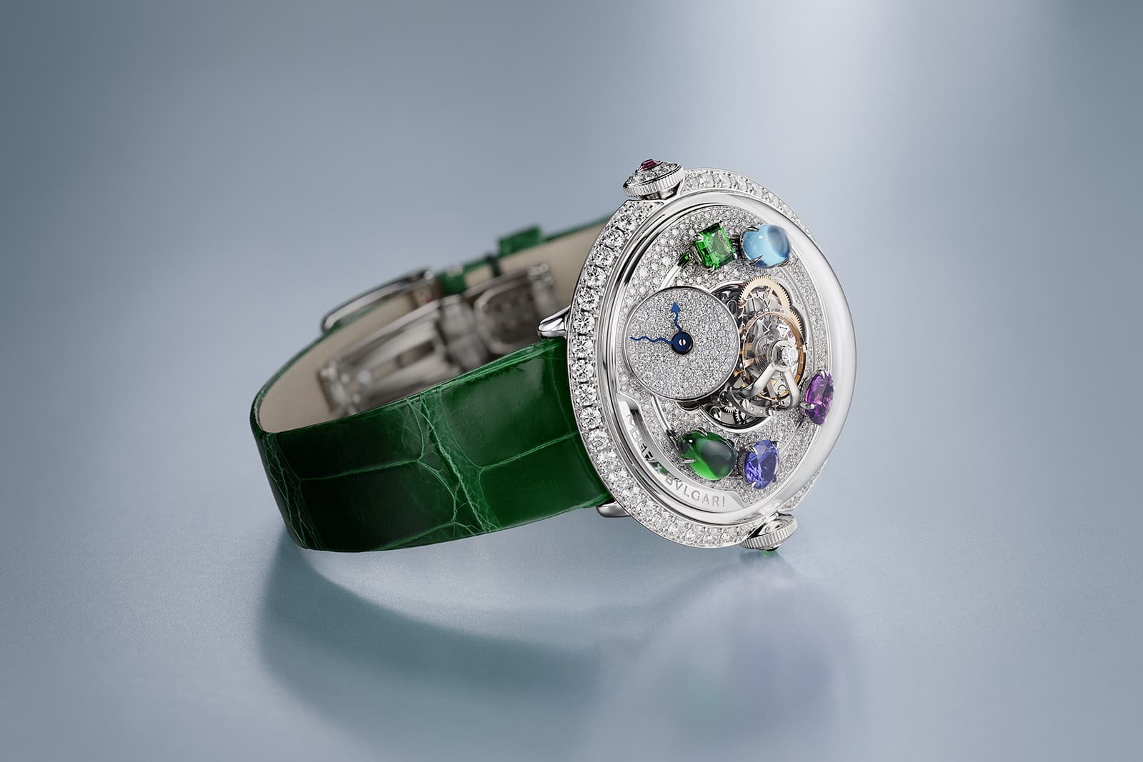 MB&F x Bulgari LM Flying T Allegra with a three-dimensional ‘vertical architecture’ movement in 18k white gold with diamonds, tsavorites, topaz, amethyst, tanzanite and tourmaline