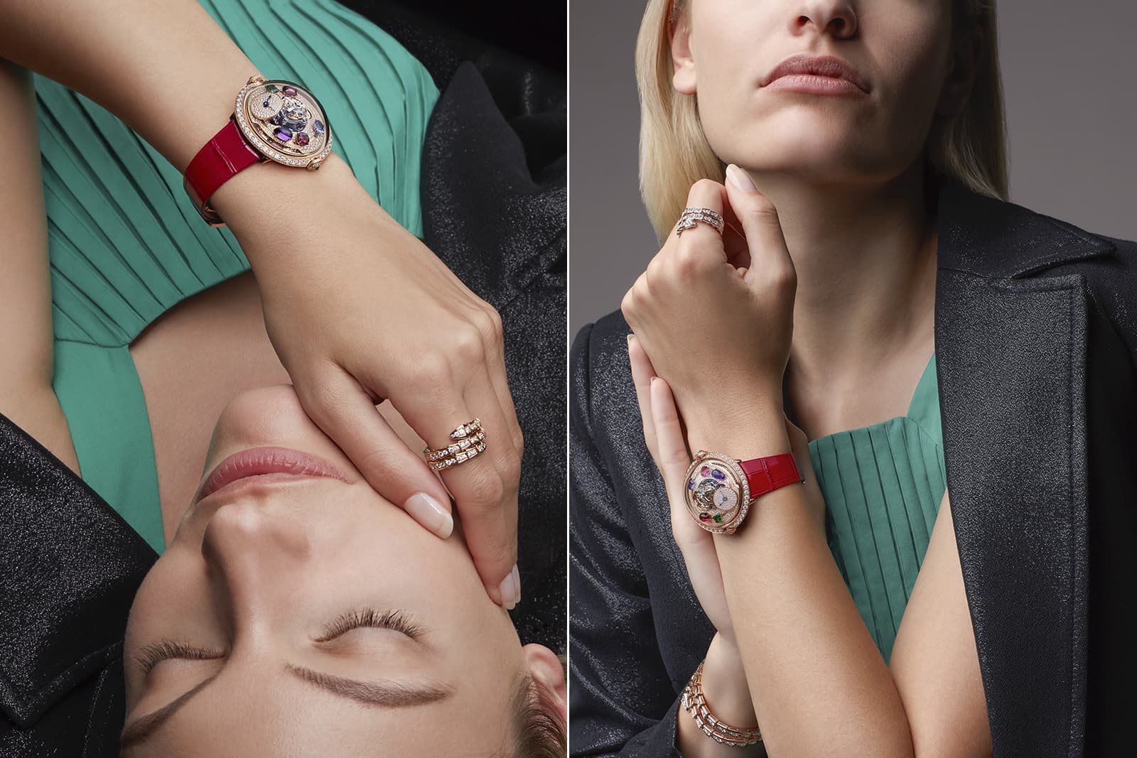 A model wears the 18k rose gold version of the MB&F x Bulgari LM Flying T Allegra watch with diamonds, tsavorites, tourmalines, tanzanite, amethyst and rubellite