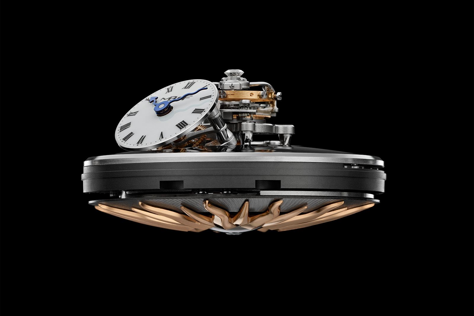 The MB&F x Bulgari LM Flying T Allegra watch is described as “radical in terms of its architecture and construction,” featuring an hours and minutes dial set at a 50-degree angle