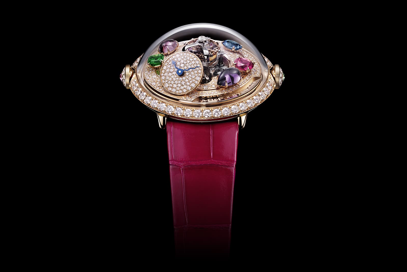  The MB&F x Bulgari LM Flying T Allegra watch in 18k rose gold is set with brilliant-cut diamonds of more than three carats, plus two tsavorites, tourmalines, a tanzanite, amethyst and rubellite